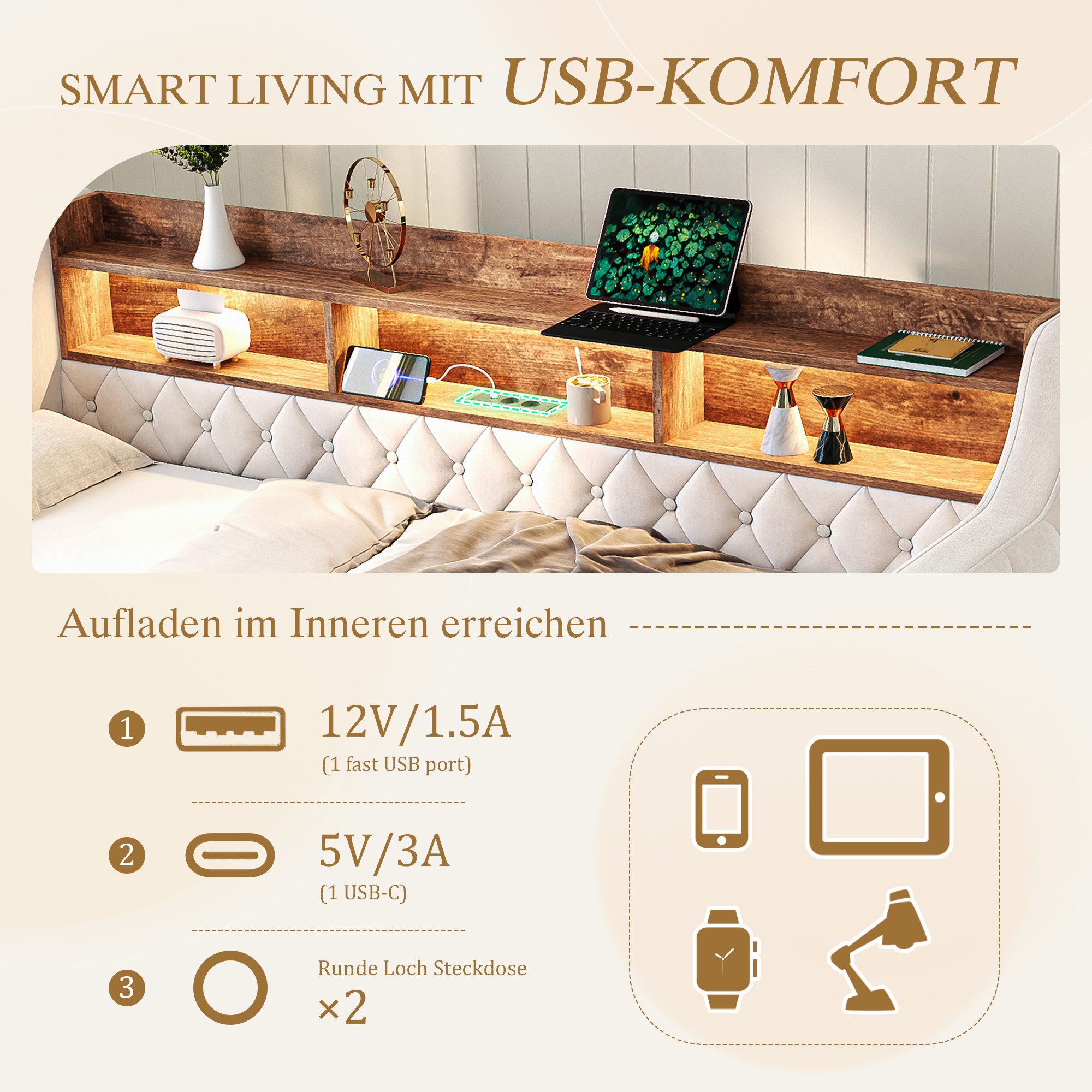 Celya Polsterbett Schlafsofa aus Samt mit Stauraum (ohne Matratze mit LED-Ambiente und USB-C-Anschluss), Ideal für Schlafzimmer, Gästezimmer oder Jugendzim – Bild 3 von 5