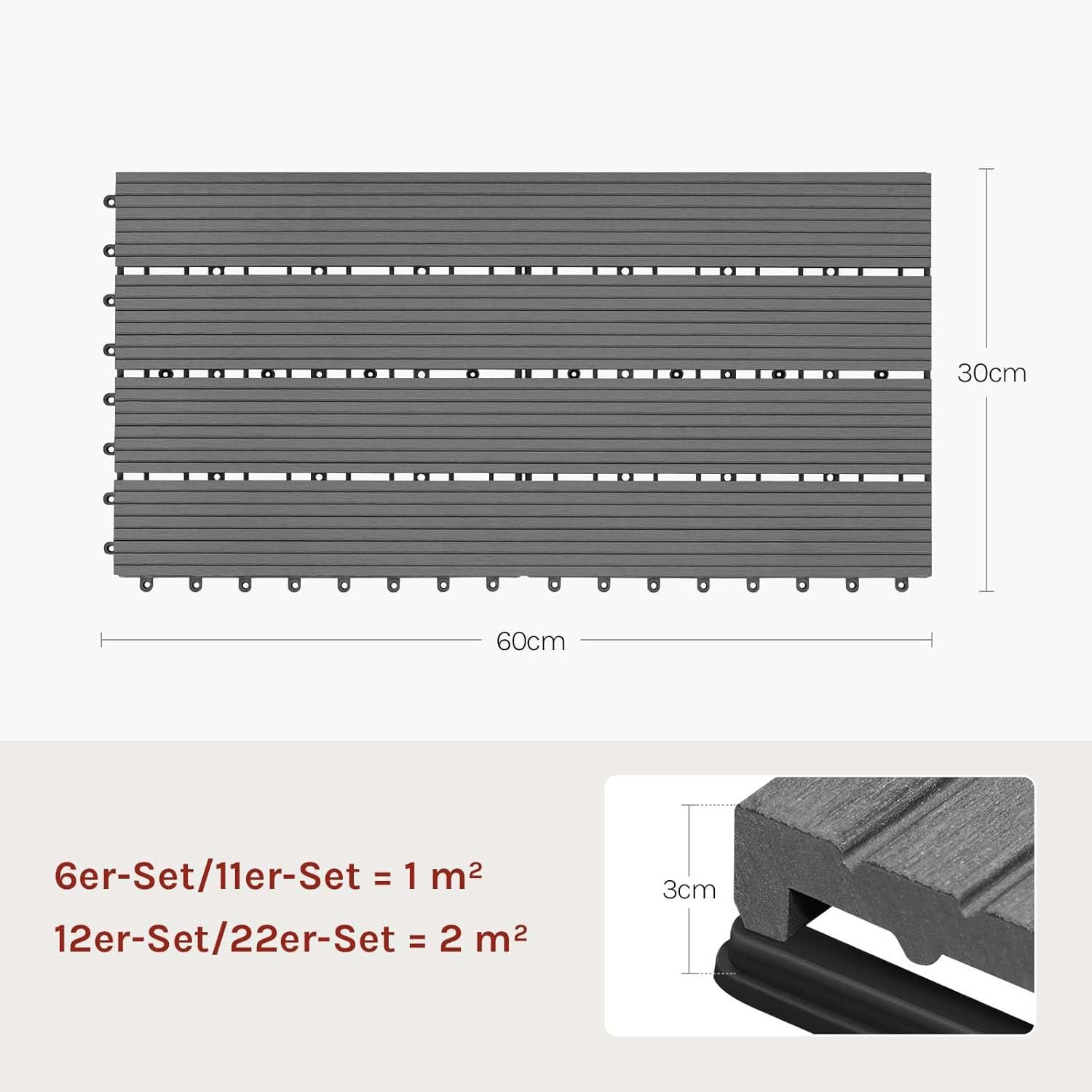 Woltu WPC-Fliesen, 6 St., Terrassendielen Holz-Optik 30x60cm mit klicksystem