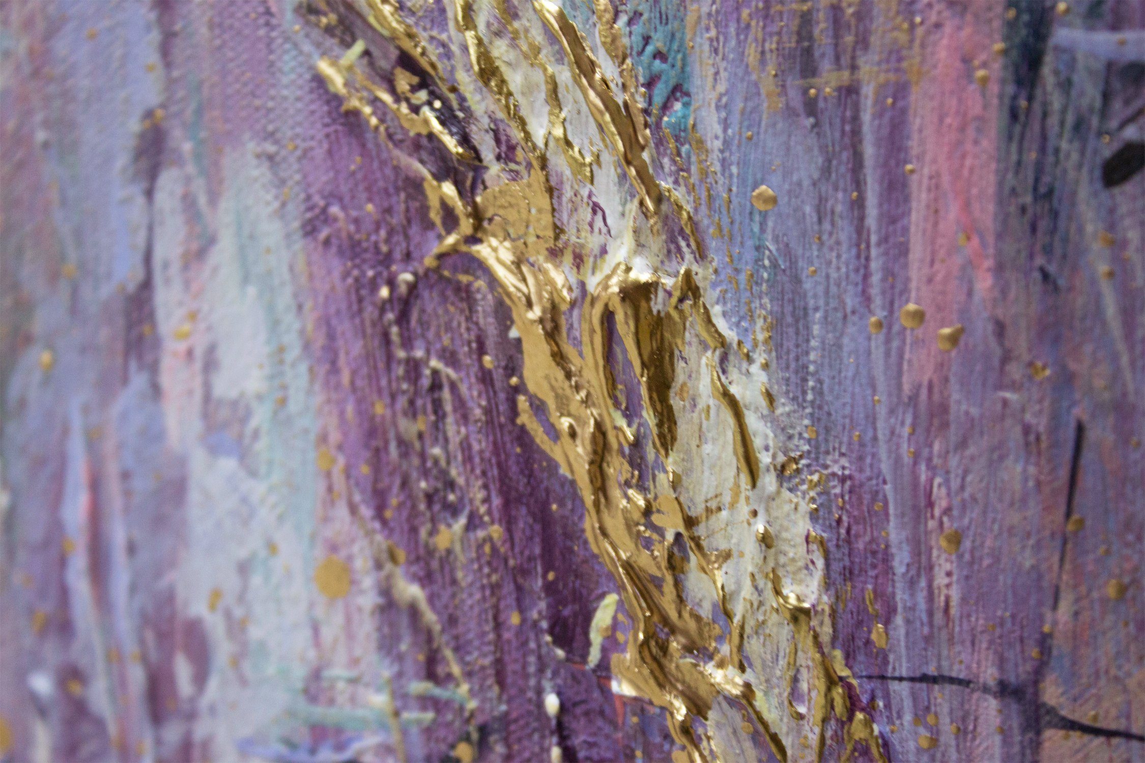 Gemälde YS-Art Gold Leinwand Handgemalt Bild Feld Blumen, Ährchen Morgentau, Lila