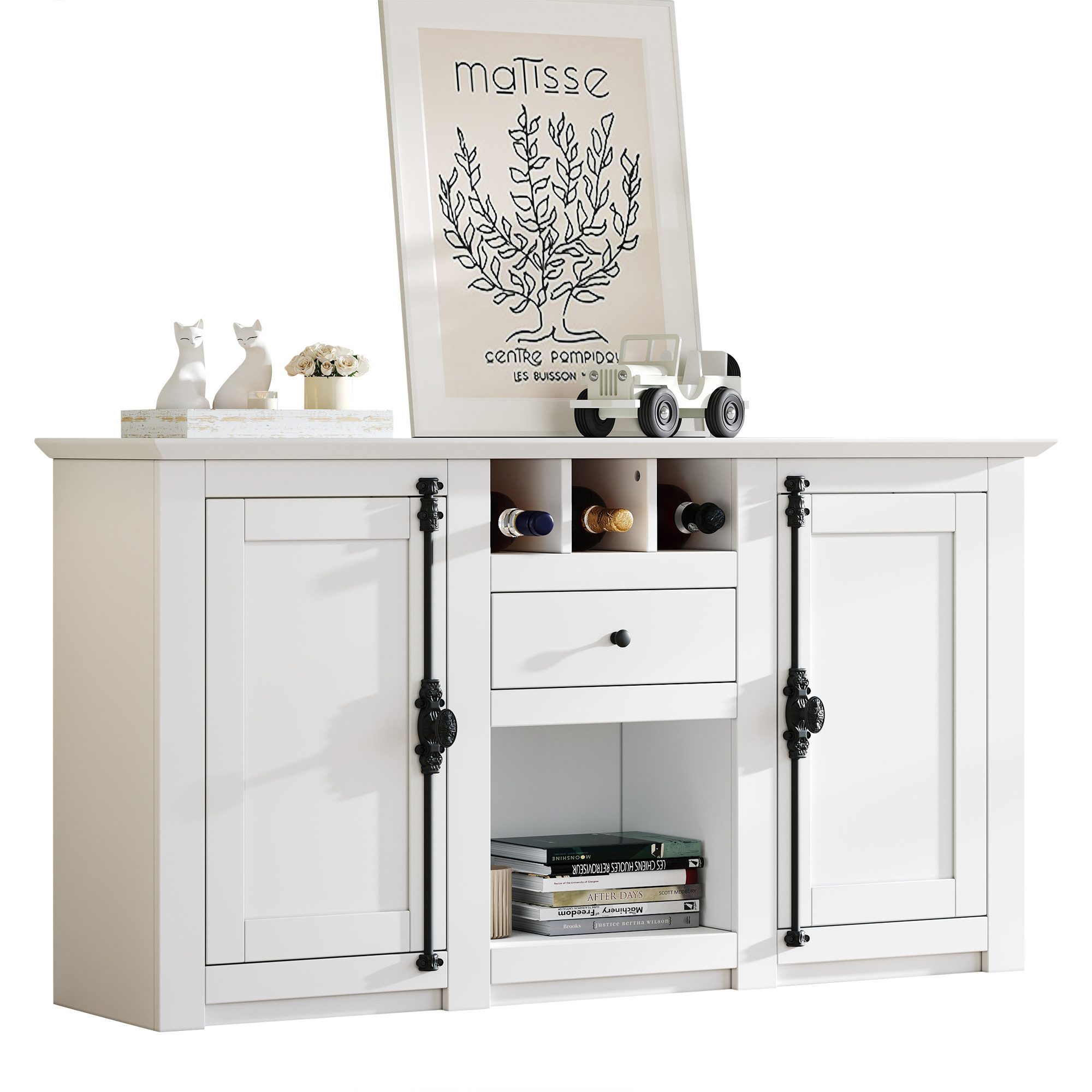 Merax Sideboard Wohnzimmerschrank, Weiß mit schwarzen Griffen (130×35×70cm, 1 St., Elegant & Vielseitig für Wohnzimmer, Flur oder Büro), Kommode mit 2 Türen, 1 Schublade, 3 Weinregalen & Halboffener Stauraum