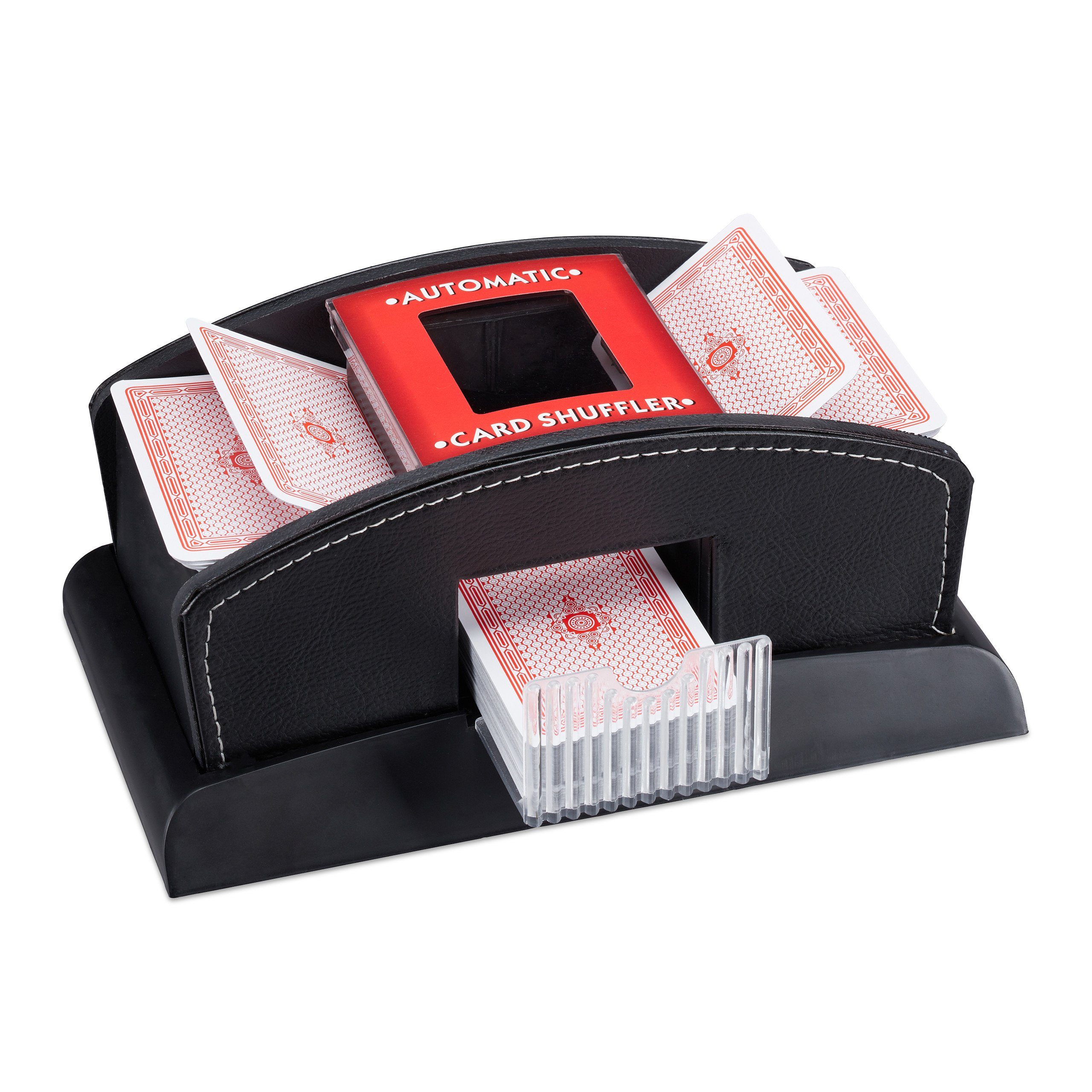 relaxdays Spiel Kartenmischer elektrisch Leder 2 Decks