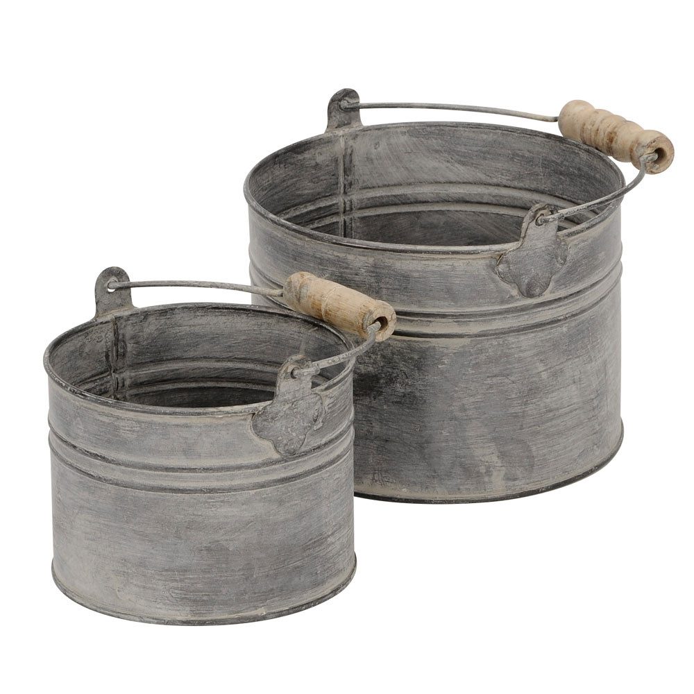 Posiwio Pflanzkübel 2tlg. Pflanztopf COTTAGE grau braun antik Pflanzeimer Metall mit Holzg