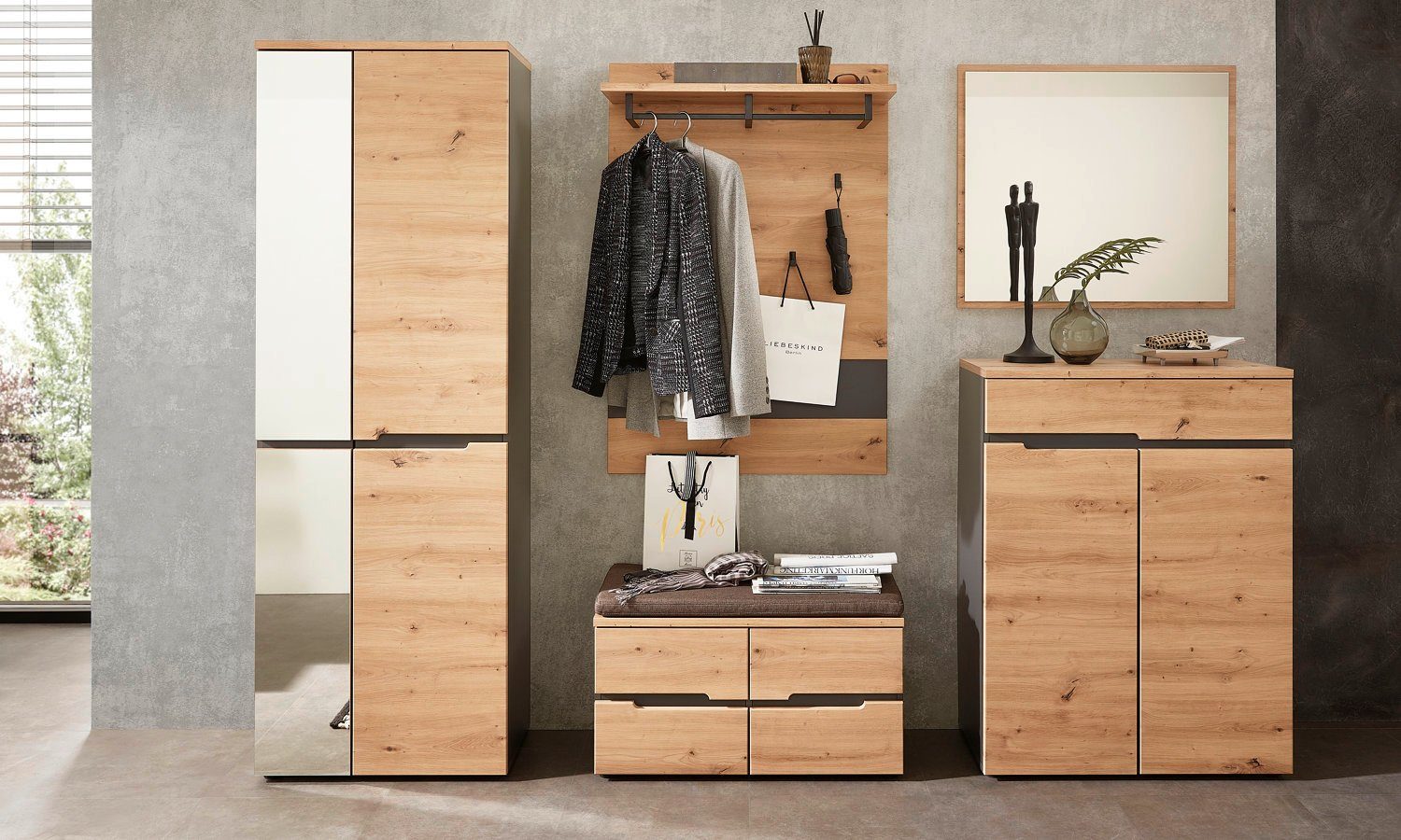 moebel-dich-auf Garderoben-Set MELBOURNE, (Komplettgarderobe, Garderobenschrank + Paneel + Bank + Spiegel + Schuhkommode), in Artisan Eiche MDF, Absetzung graphit
