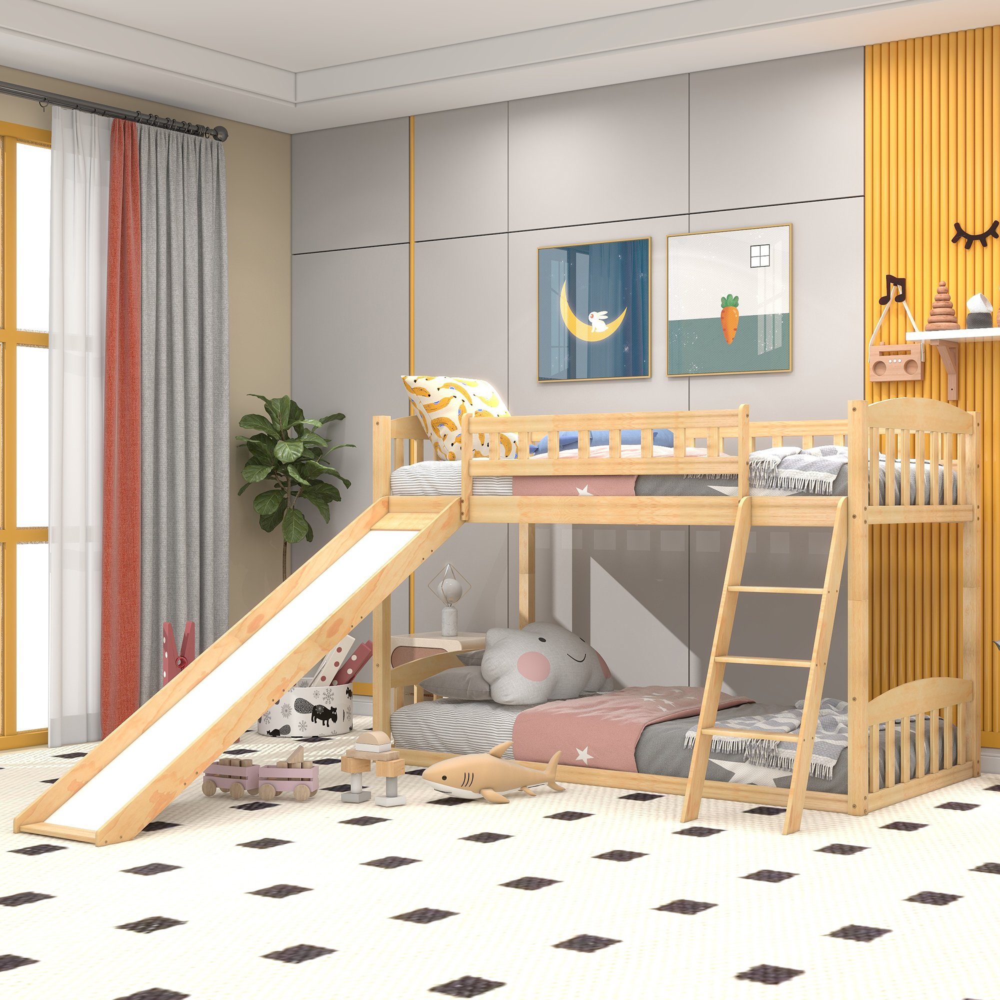 SOFTWEARY Etagenbett Hochbett mit 2 Schlafgelegenheiten, Rollrost, Leiter  und Rutsche (90x200 cm), umbaufähig zu 2 Einzelbetten, Holzbett aus  Kieferholz, Kinderbett