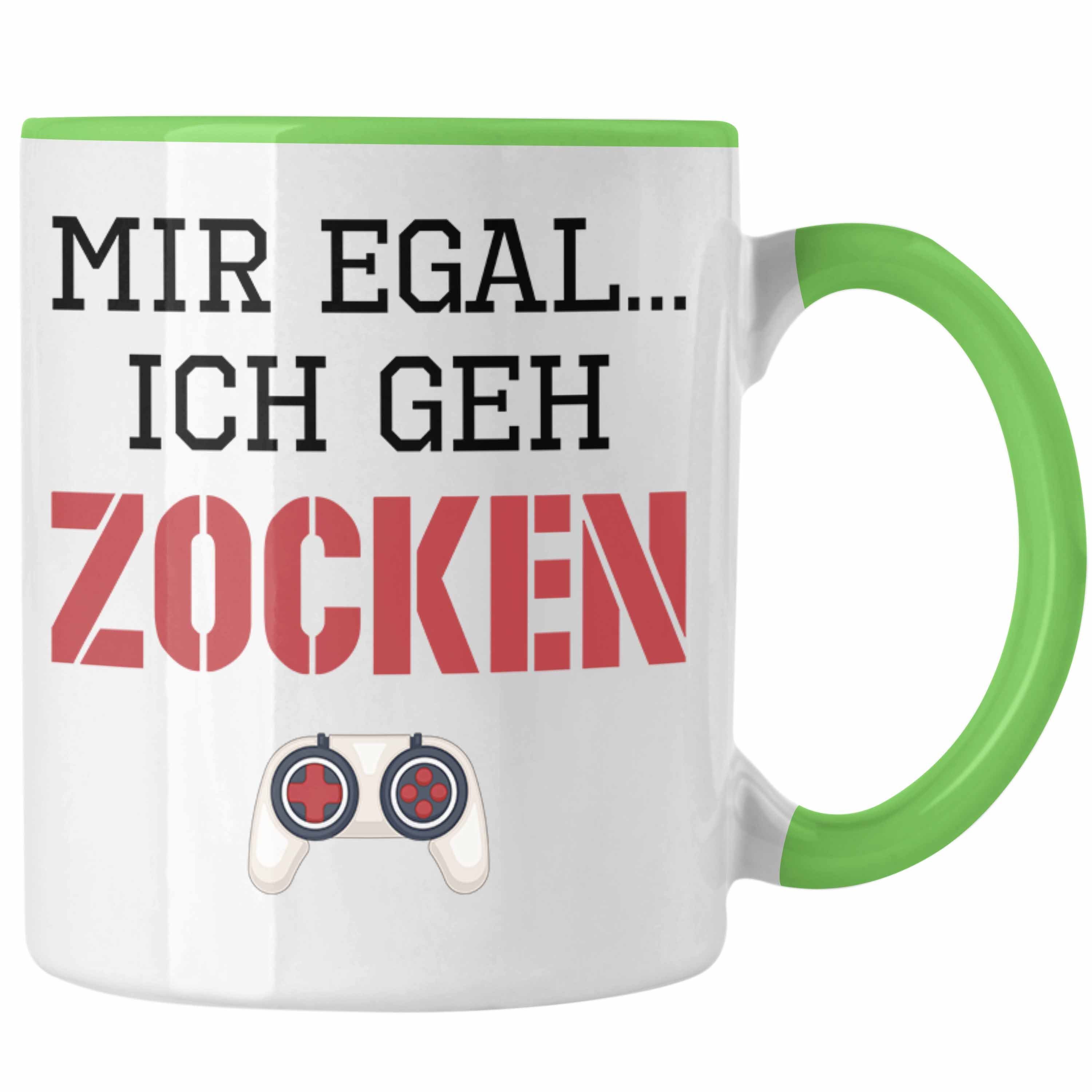 Trendation Tasse Trendation - Mir Egal Ich Geh Zocken Geschenk Tasse Zocker Gamer Gaming Geschenkidee Jungs Jungen Geburtstag Lustig Grün