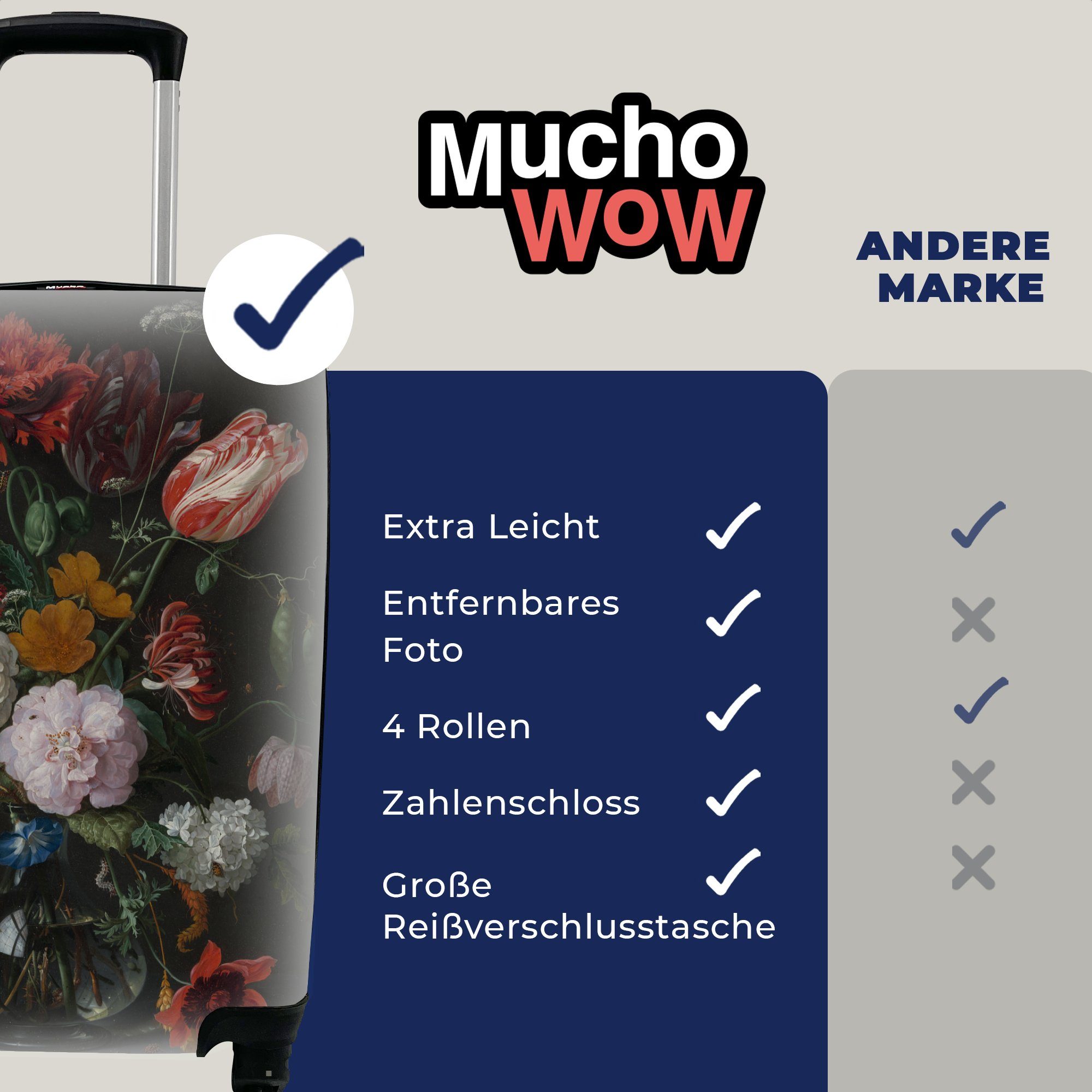 Jan Stilleben MuchoWow Rollen, einer Handgepäck in Ferien, Reisetasche Handgepäckkoffer rollen, mit von 4 Gemälde de, für Blumen Glasvase Trolley, - mit Reisekoffer Davidsz.
