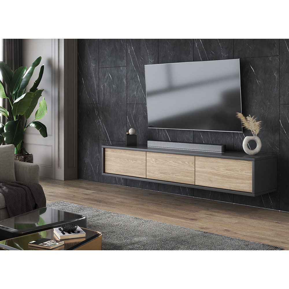 Lomadox Lowboard FORLI-83, anthrazit Eiche modern Push-to-open Funktion 180x32x36 cm