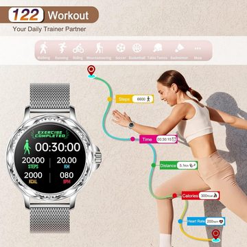 Fsdibst Smartwatch (1,2 Zoll, Android iOS), Damen mit Telefonfunktion Kleine Fitnessuhr Rund mit 122 Sportmodi Uhr