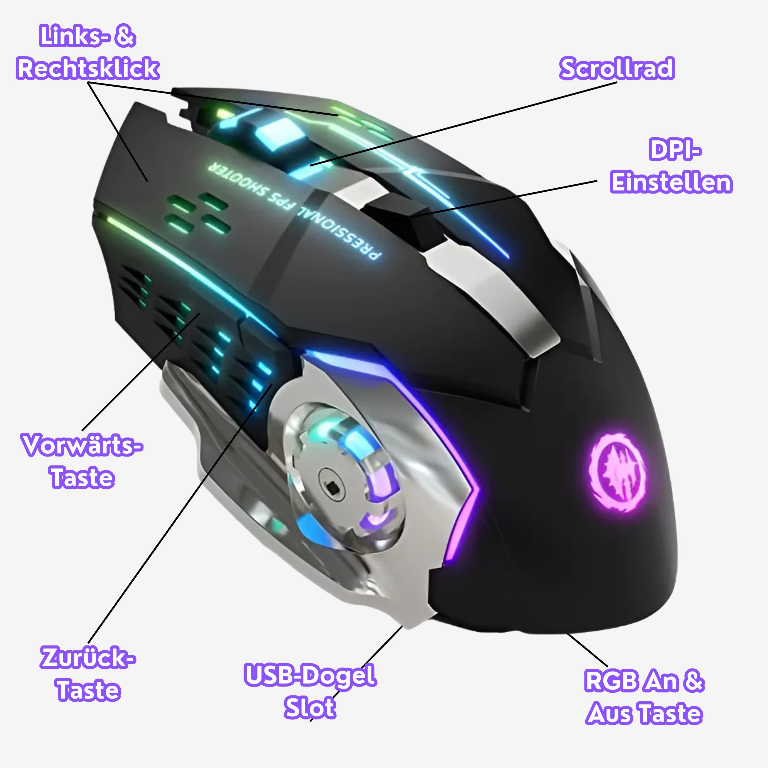 S&T Design Gaming Maus Kabellos RGB Wireless USB Gaming-Maus (Funk, 2400 dpi, Plug & Play 7 Tasten Extrem Leise Schwarz Weiss)