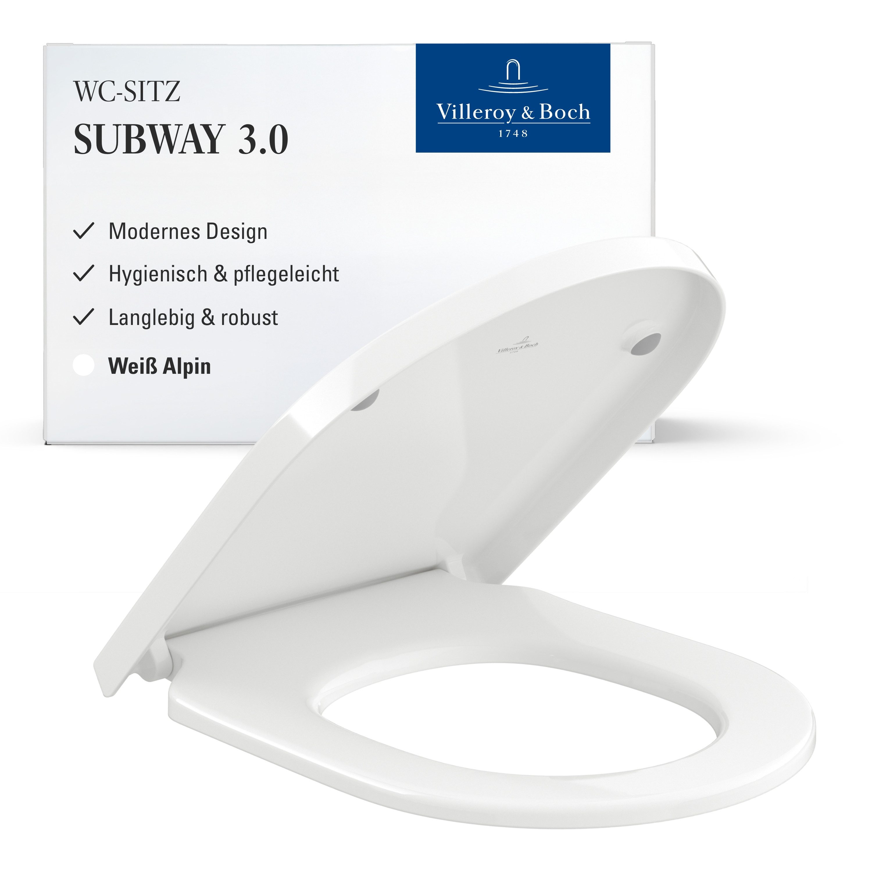 Villeroy & Boch WC-Sitz Subway 3., Toilettendeckel aus bruchsicherem Duroplast, D-Form, Weiß Alpin