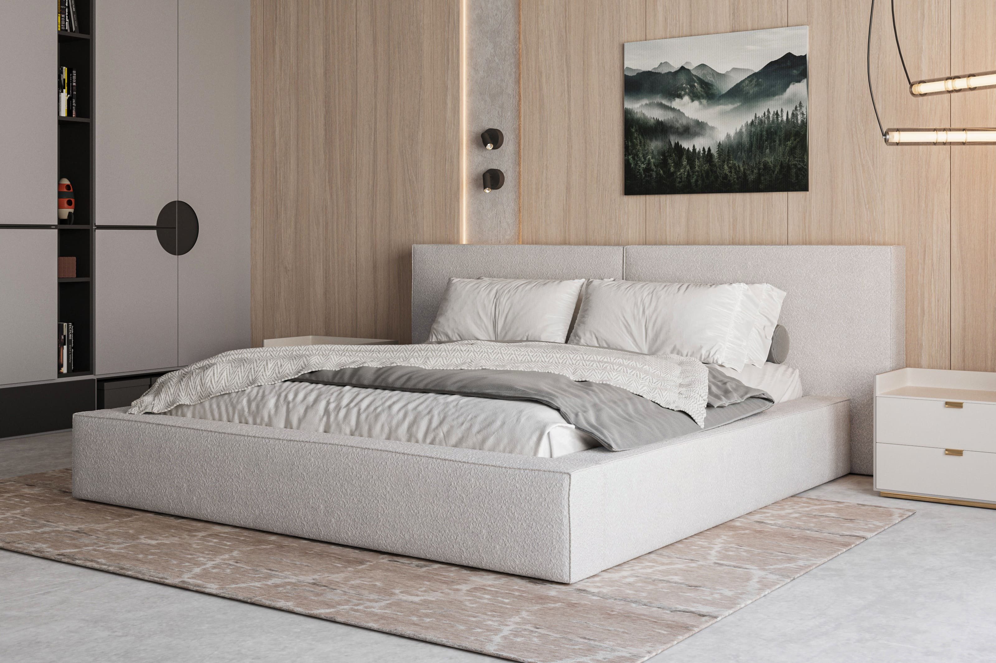 MOEBLO Polsterbett aus Bouclé Bett 06 (Bezug: Boucle, Doppelbett mit Kopfstütze, Rahmenbettgestell, mit Bettkasten und Lattenrost), gepolstertes Kopfteil