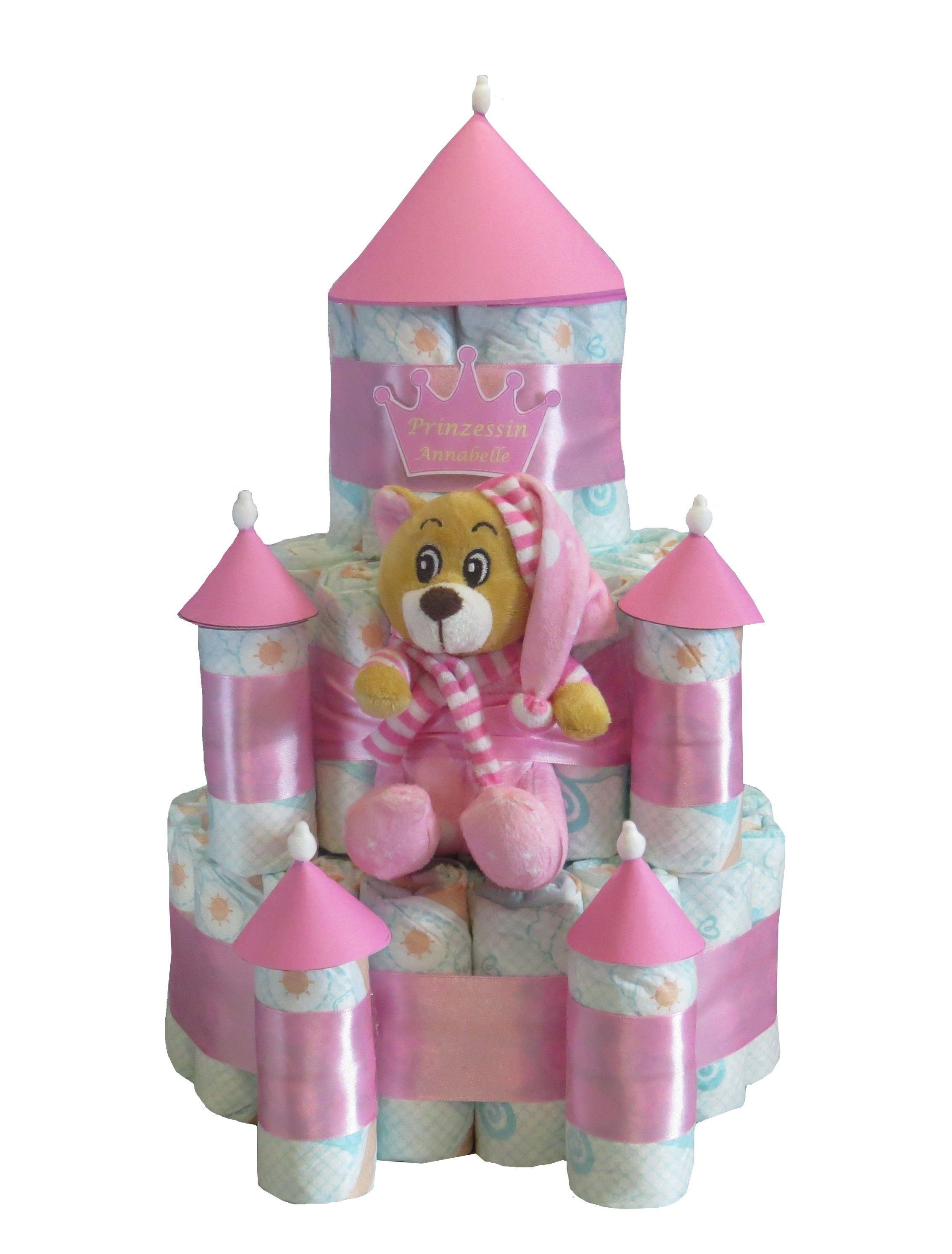 Geschenketorten-Gebhardt Windeln Windeltorte, Windelschloß mit Bär rosa, Windelgeschenk Mädchen