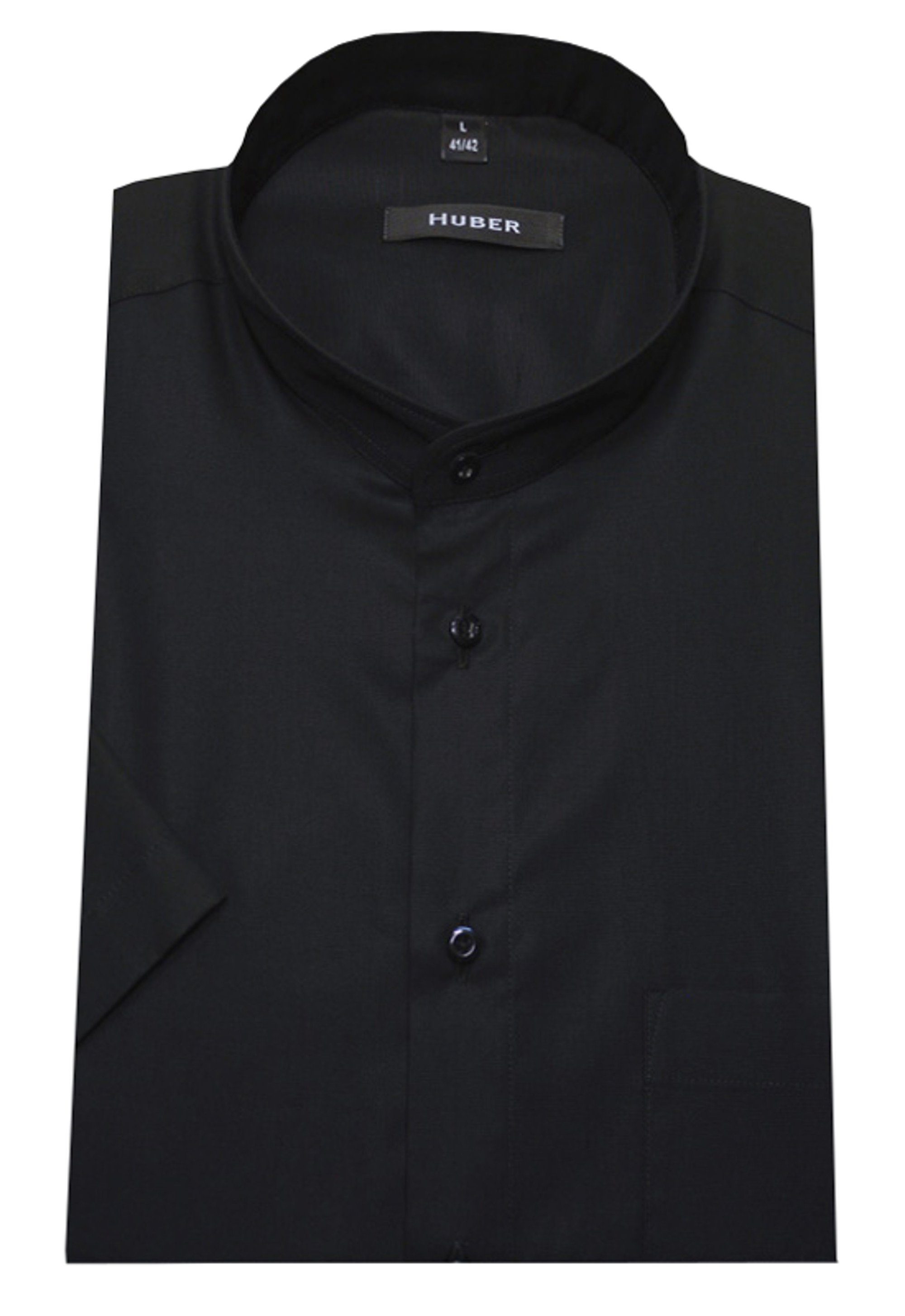 Kurzarm, Huber EU! Kurzarmhemd schwarz Schnitt, Stehkragen, HU-0125 Made gerader in Fit - Regular Hemden