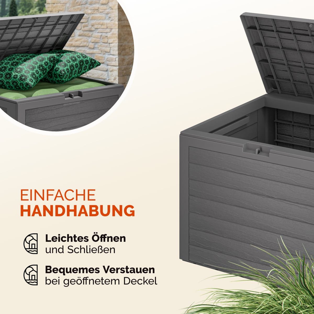 Casaria Auflagenbox Lille (1 St), 190L UV-beständig Griffmulden Verschließbar Balkon Holz-Optik Grau – Bild 5 von 5