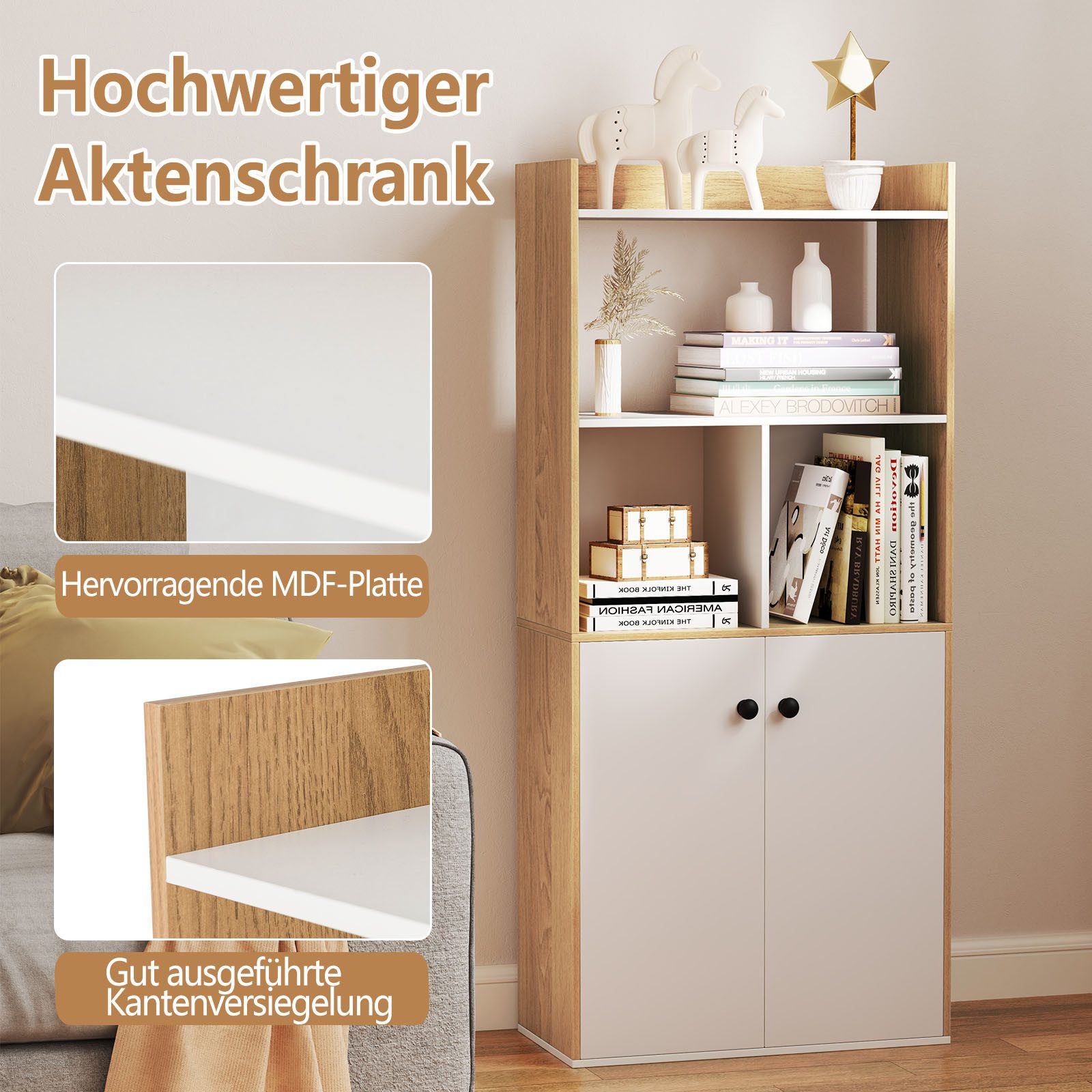 COSTWAY Bücherregal, mit Doppeltürschrank & Regal, Holz, 60x30x140cm