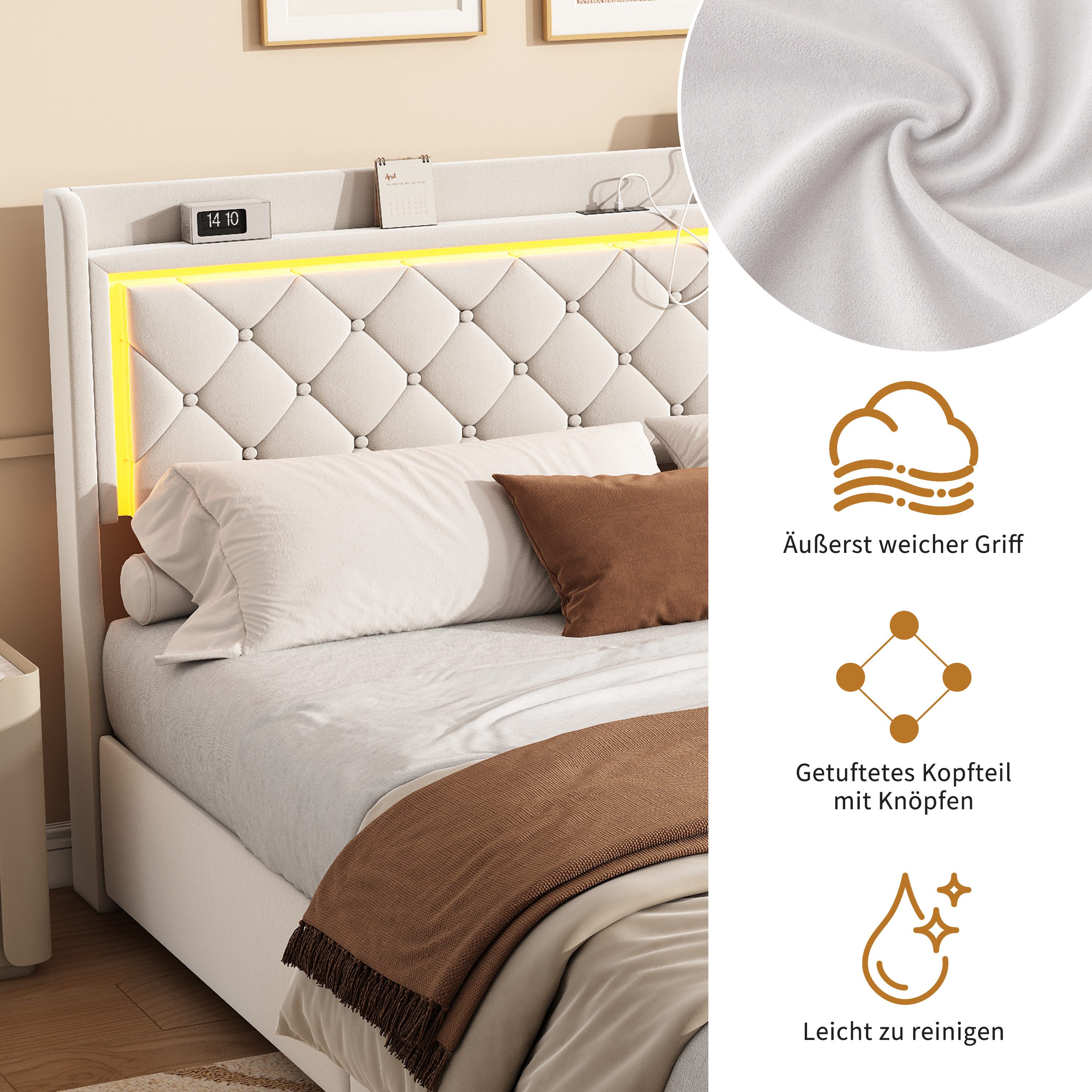 Gdood Polsterbett LED Doppelbett 140x200cm, Stauraumbett mit Kopfteil und 4 Schubladen (Samtmaterial Polsterbett mit RGB Beleuchtung), Mit Lattenrost und Ladefu – Bild 5 von 5