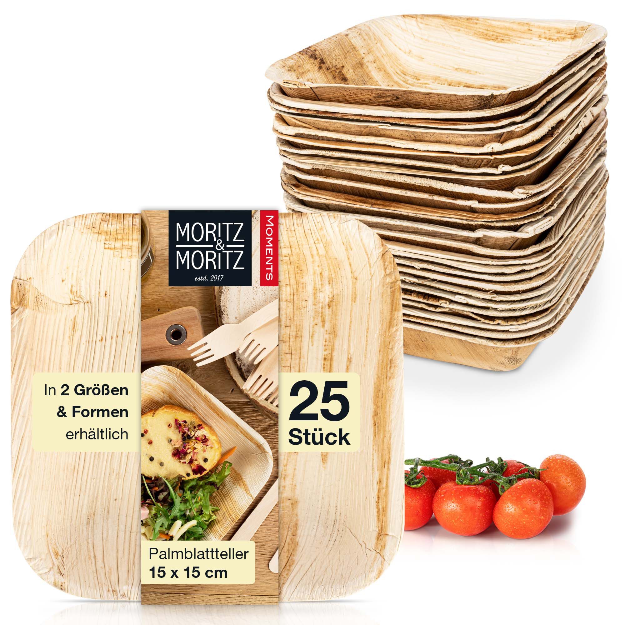 Moritz & Moritz Einweggeschirr-Set 25tlg Palmblatt Schüssel Eckig 15x15cm (25-tlg), 25 Personen, Palmblatt, Birkenholz, 25x25cm
