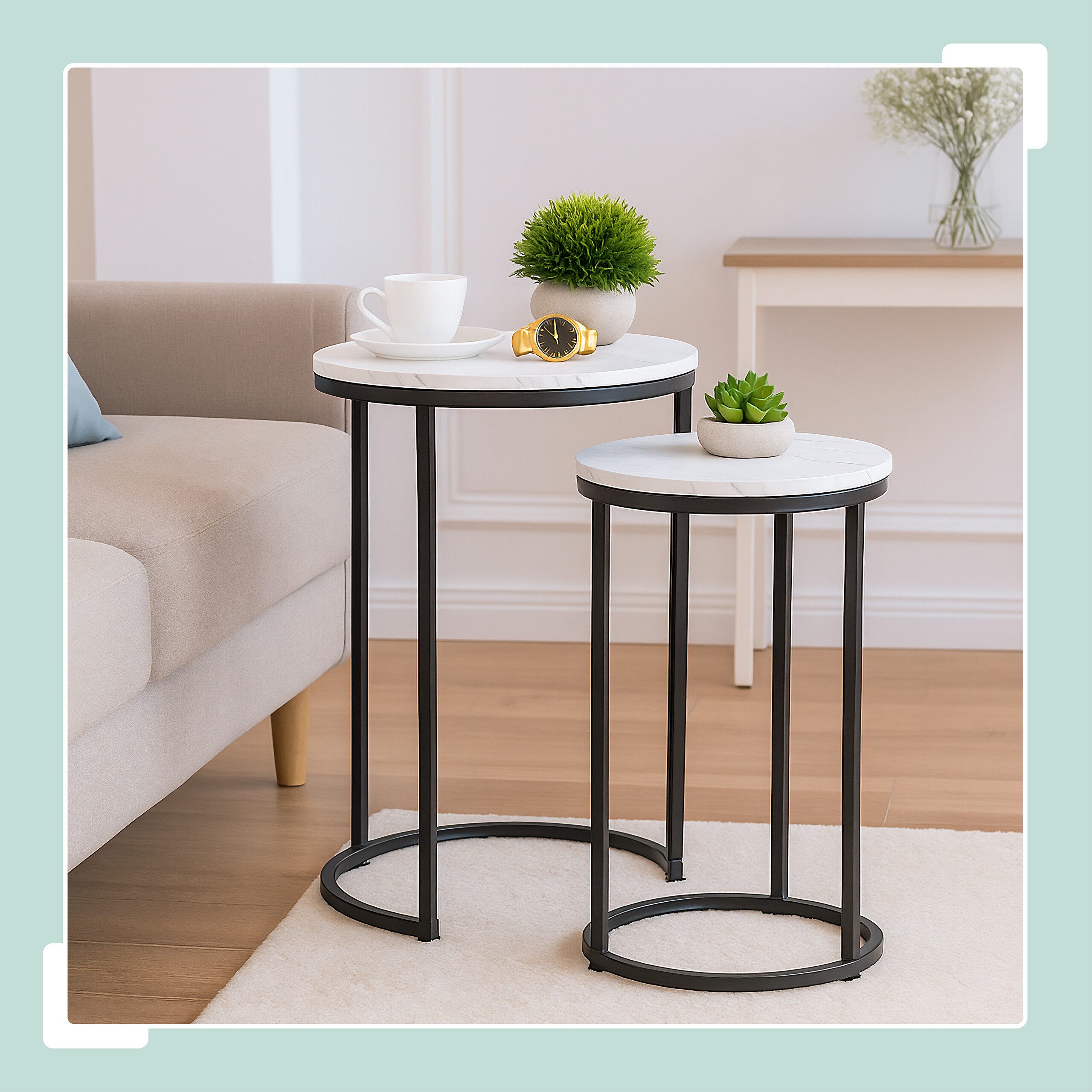 relaxdays Satztisch 2er Set Marmoroptik & Metall, Weiß-Schwarz günstig online kaufen