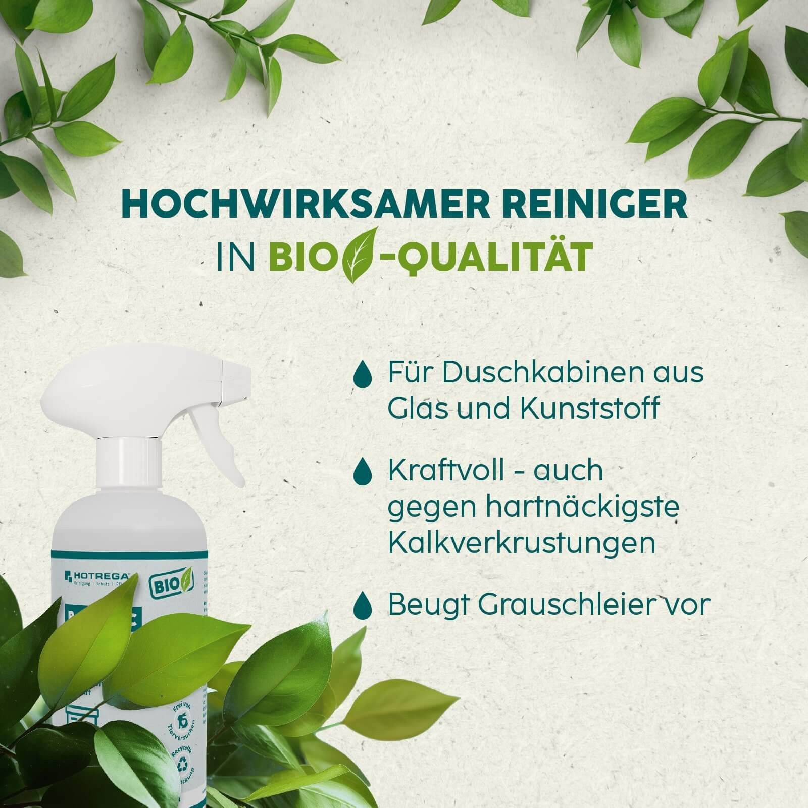 HOTREGA® Duschreiniger Kalkentferner Glasreiniger Duschkabinenreiniger (für Glas, Kunststoff, Aluminium, Keramik und Acryl Entfernt Kalk, Seifen- und Shampooreste)