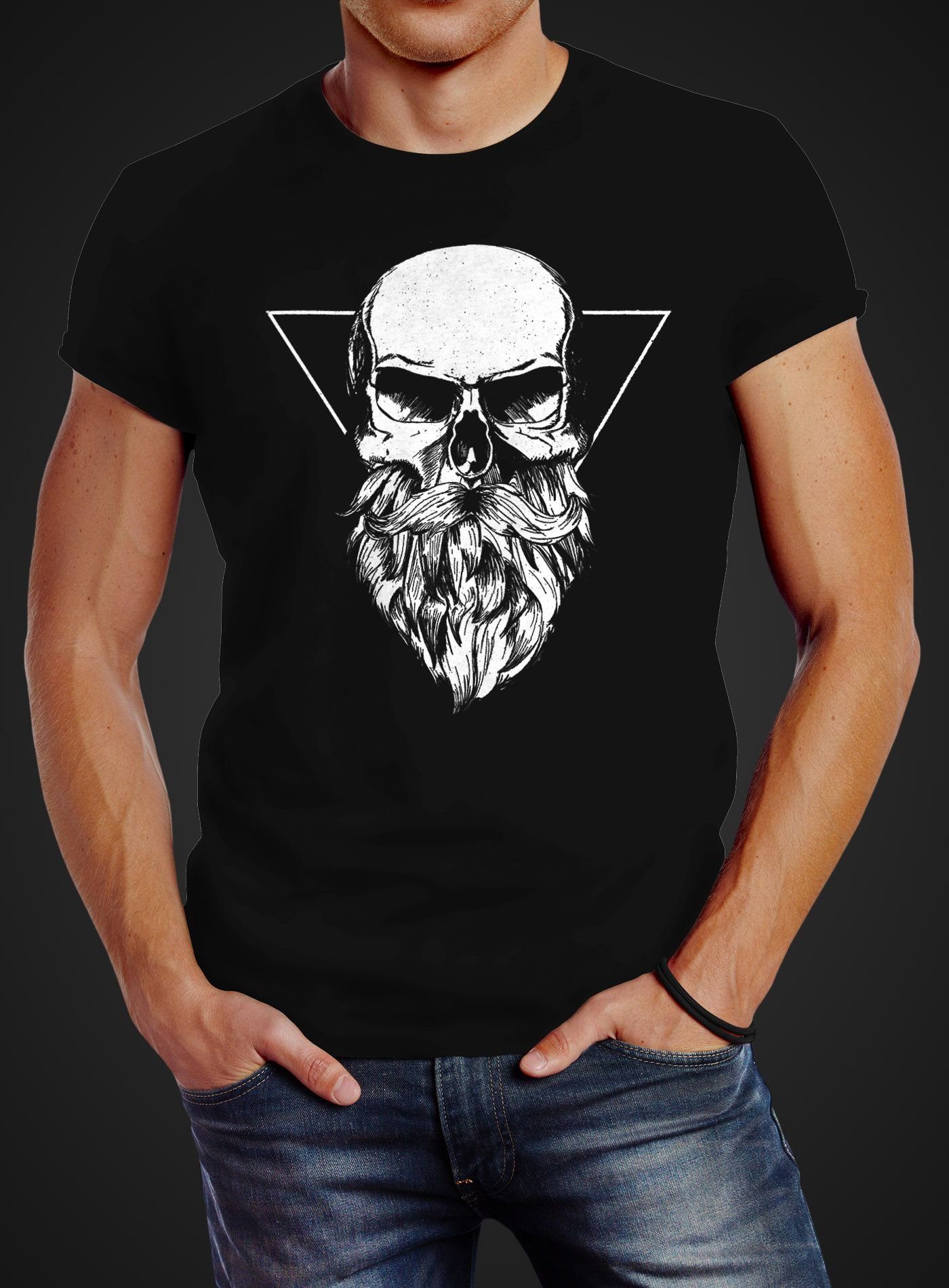 mit Totenkopf schwarz Triangle Print Fit Print-Shirt Bart T-Shirt Neverless® mit Slim Neverless Herren