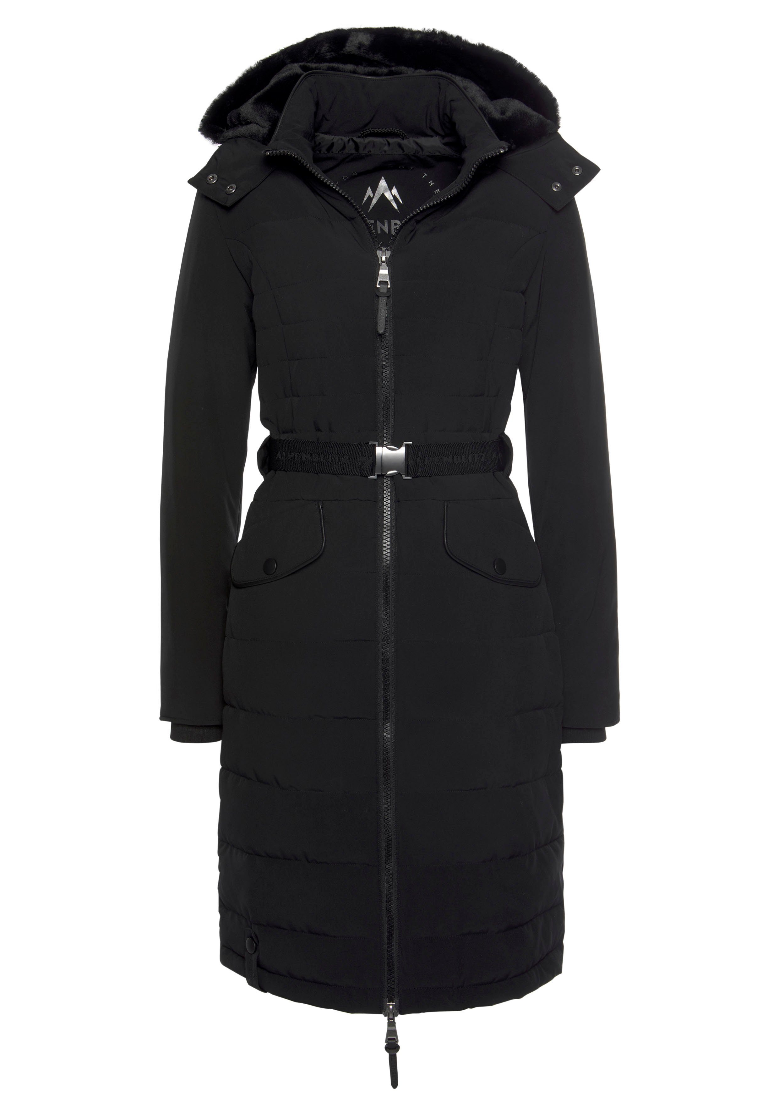 auf & Steppmantel Kuschel-Kapuze Markenprägung aus Mantel Oslo mit nachhaltigem dem (Jacke abnehmbarer Material) Gürtel long black ALPENBLITZ