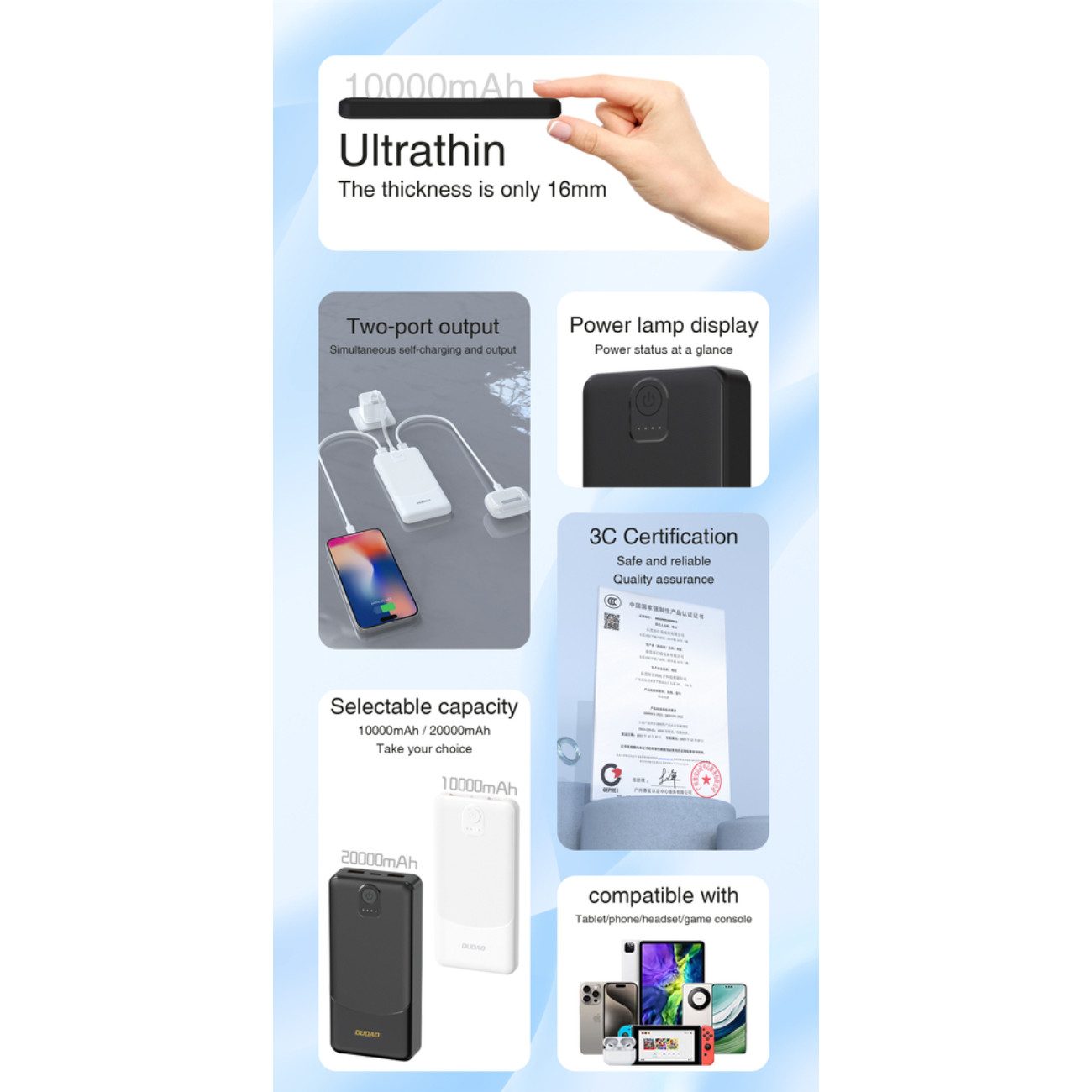 Dudao K10 Powerbank 10000 mAh (5 V), Kompakte 10000 mAh Powerbank mit 2 USB-A und LED-Anzeige – Bild 4 von 4