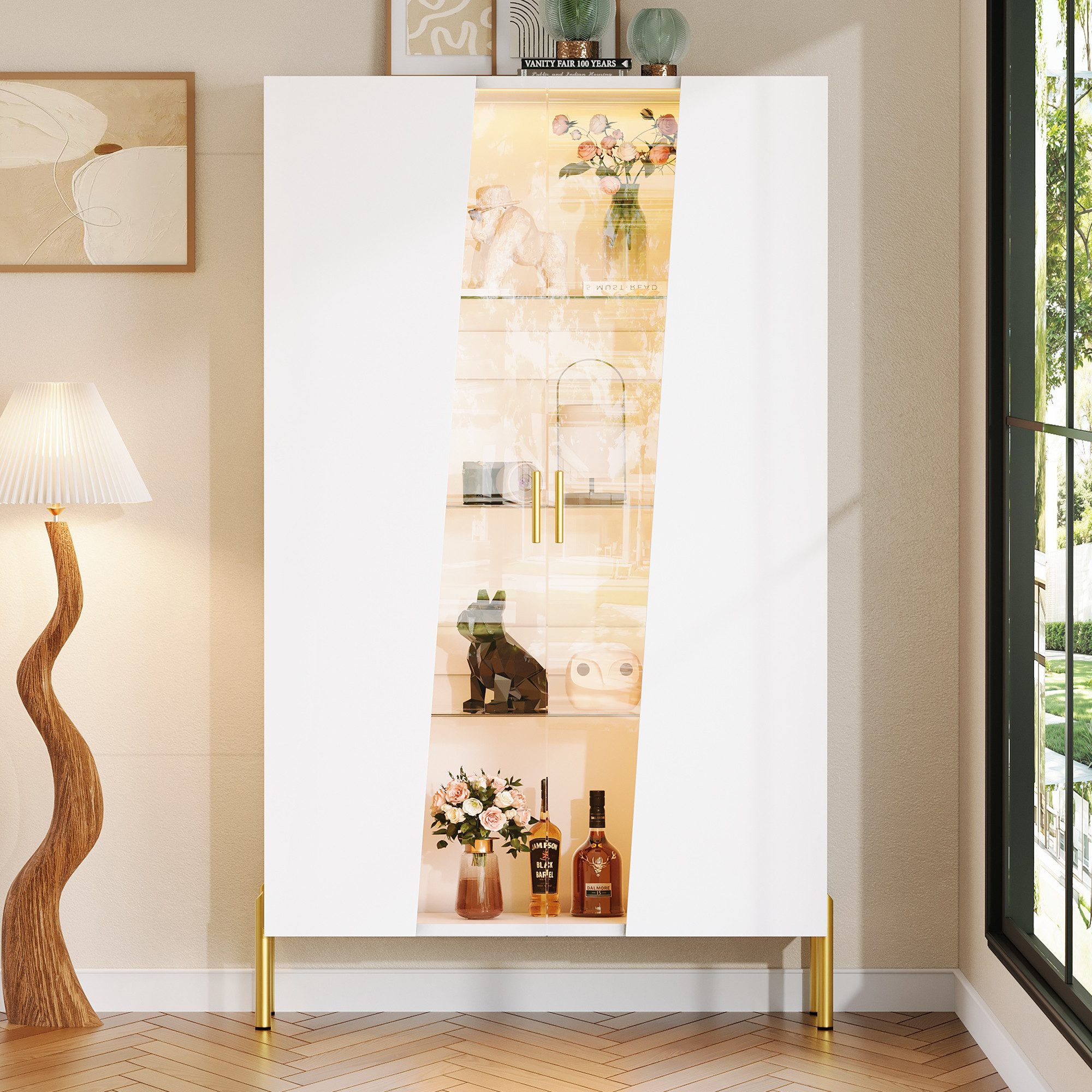 Flieks Glasvitrine Hochschrank mit 3 höhenverstellbarer Glaseinlegeböden, LED-Beleuchtung (4 Ebenen, B72 x T40 x H145 cm, 1-St., Mehrzweckschrank Bücherregal für Wohnzimmer, Esszimmer, Schlafzimmer) Multifunktionsschrank Standvitrine mit asymmetrischer Glastür Weiß