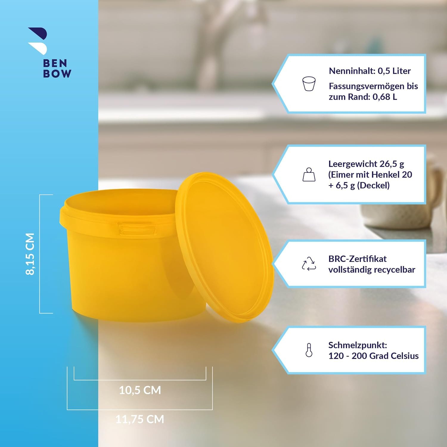 BENBOW Putzeimer Eimer mit Deckel 30 20 10 5 3 1 0,5 L Viele Farben Lebensmittelecht, (1-tlg., PZH-, BRC- und DIN-ISO-zertifiziert), für Lebensmittel, Farben, Chemikalien