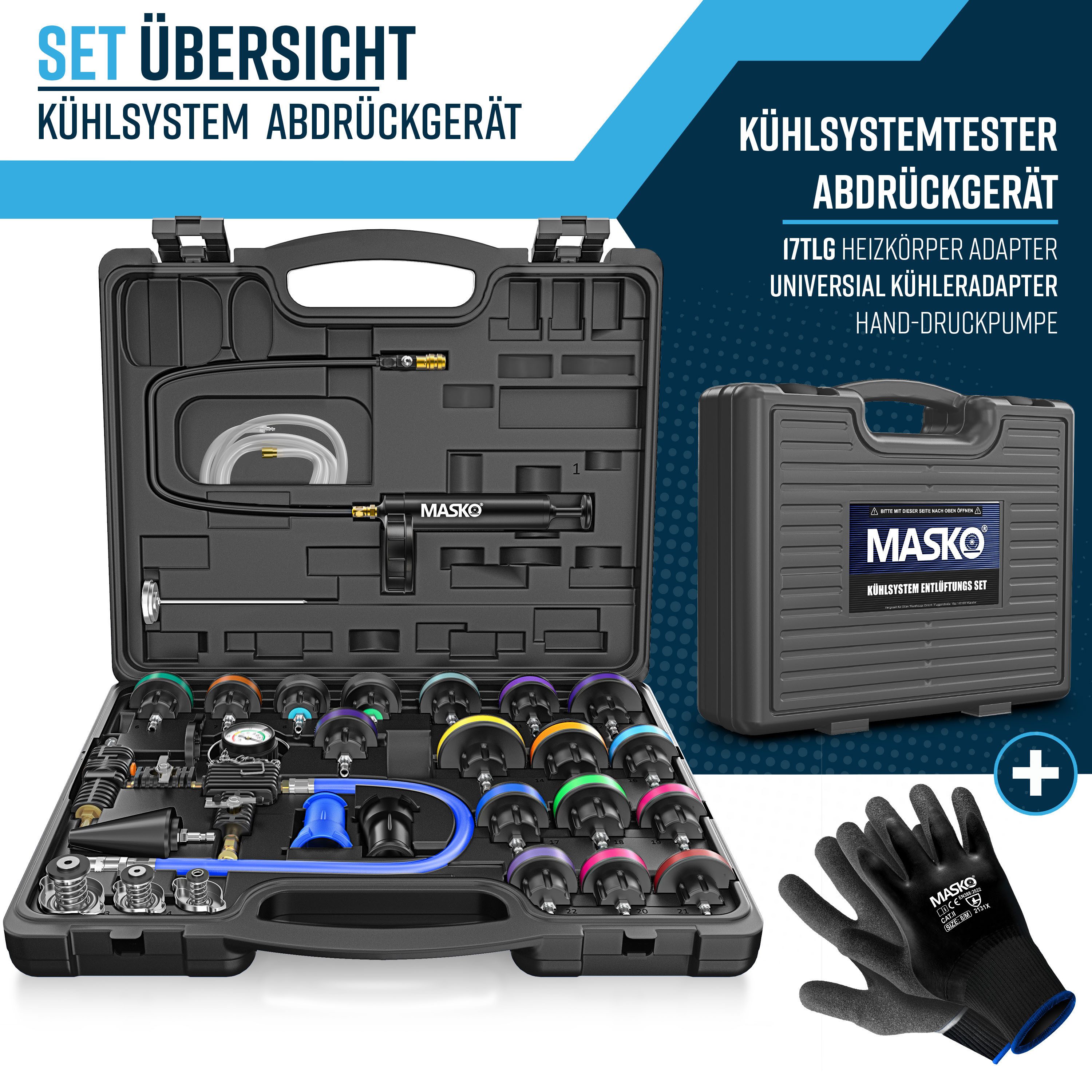 MASKO Multitool Kühlsystem Tester & Abdrückgerät - universeller Kühler Prüfgerät, (28-teiliges Kühlsystem-Nachfüll-Set inkl. Kühleradapter, Vakuumpumpe), Kühlerdruckprüfer - Kühler Entlüftungsgerät für Auto, Van, SUV, LKW
