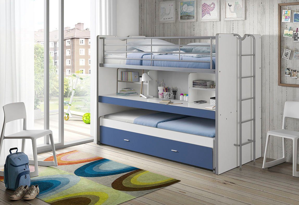 Vipack Hochbett Bonny, mit 3 Schlafgelegenheiten, super praktisch im Kinderzimmer (B/H/T ca. 222x161x102cm, Dekor Oberfläche, in verschieden Farben) mit großer Schreibplatte, Regalfächern, viel Funktion auf kleinem Raum