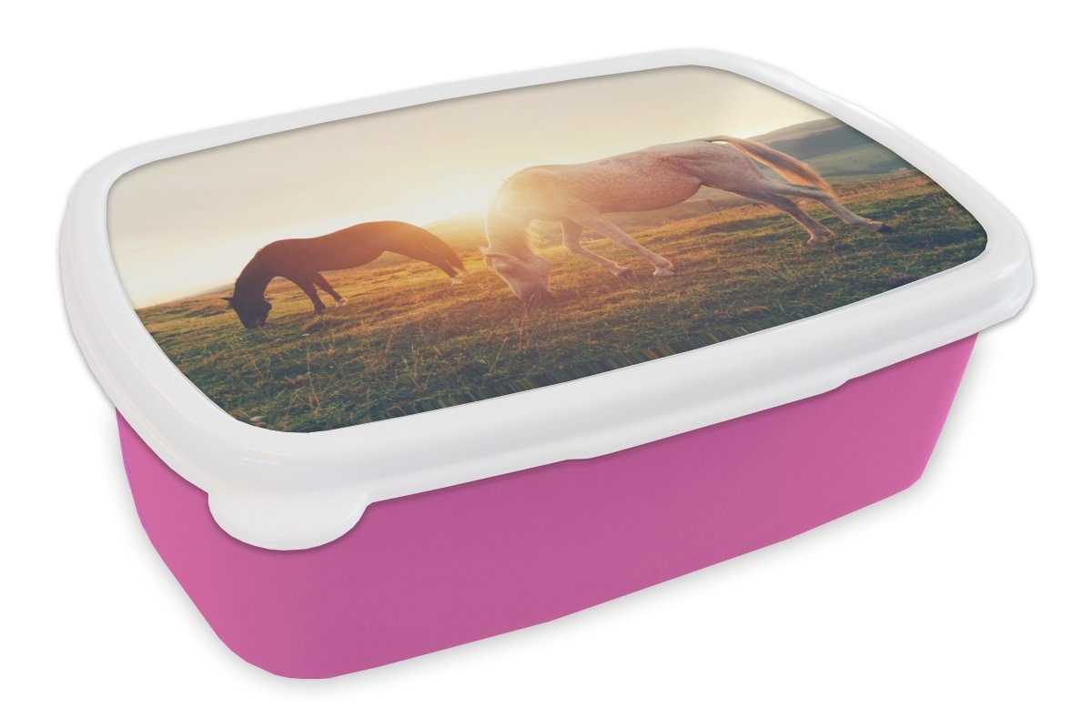 MuchoWow Lunchbox Pferde - Sonne - Tiere, Kunststoff, (2-tlg), Brotbox für Erwachsene, Brotdose Kinder, Snackbox, Mädchen, Kunststoff rosa