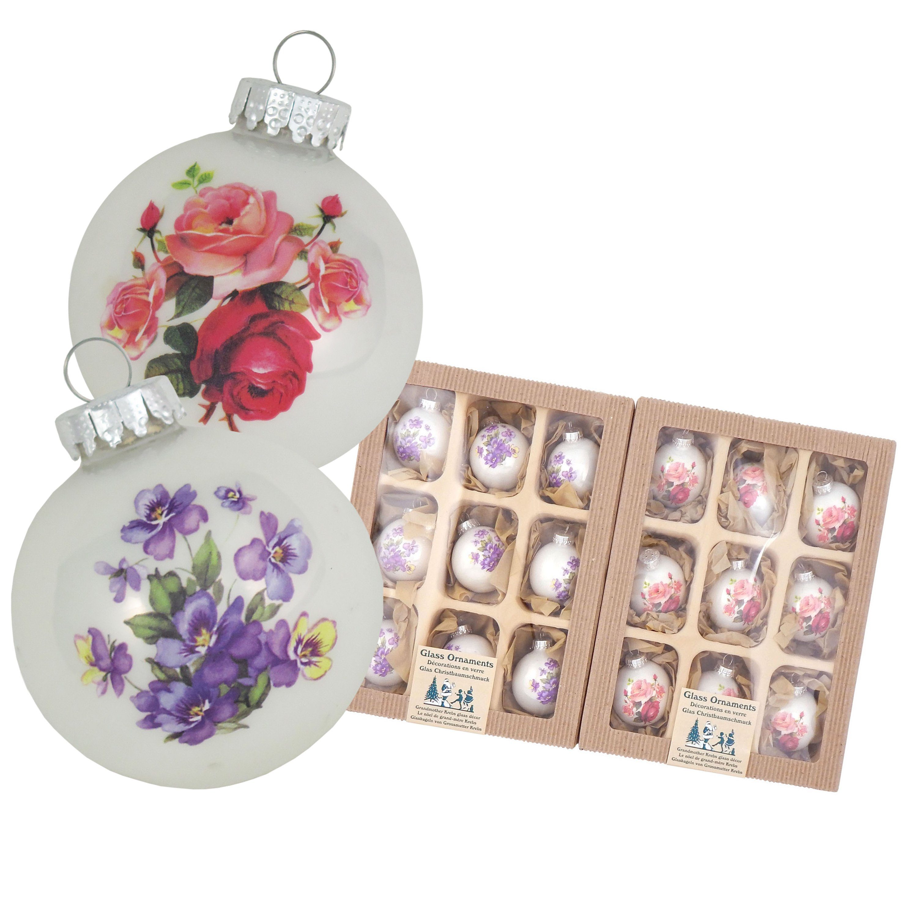 Christbaumschmuck Porzellanweiß 6cm Glaskugel mit Stiefmütterchen und Rosen dekoriert