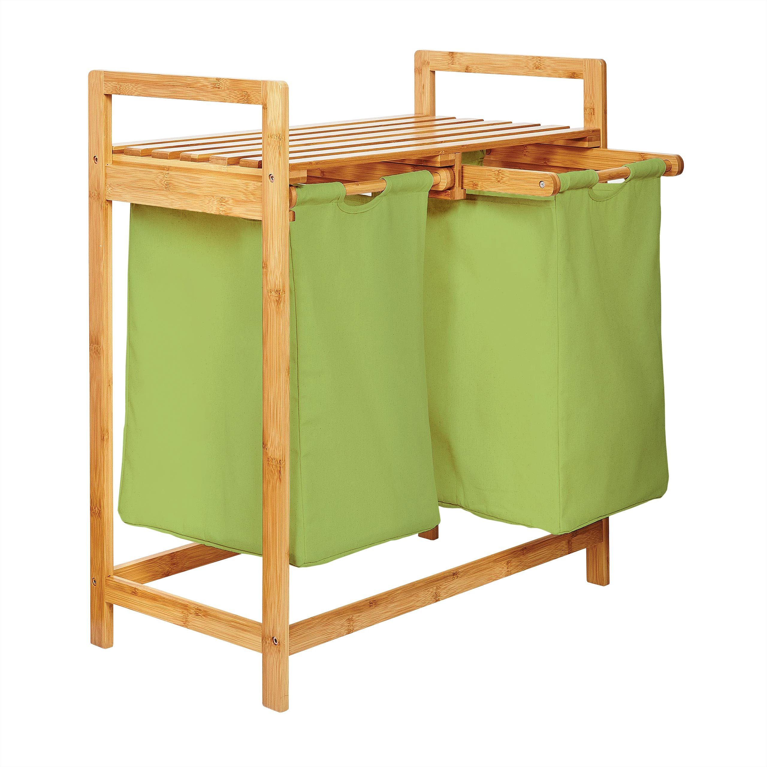 Lumaland Ausziehwäschekorb Bambus Wäschekorb – 2 Wäschesäcke – 73x64x33cm (Sitzbank + Wäschekorb), stabiler Wäschesammler mit Deckel