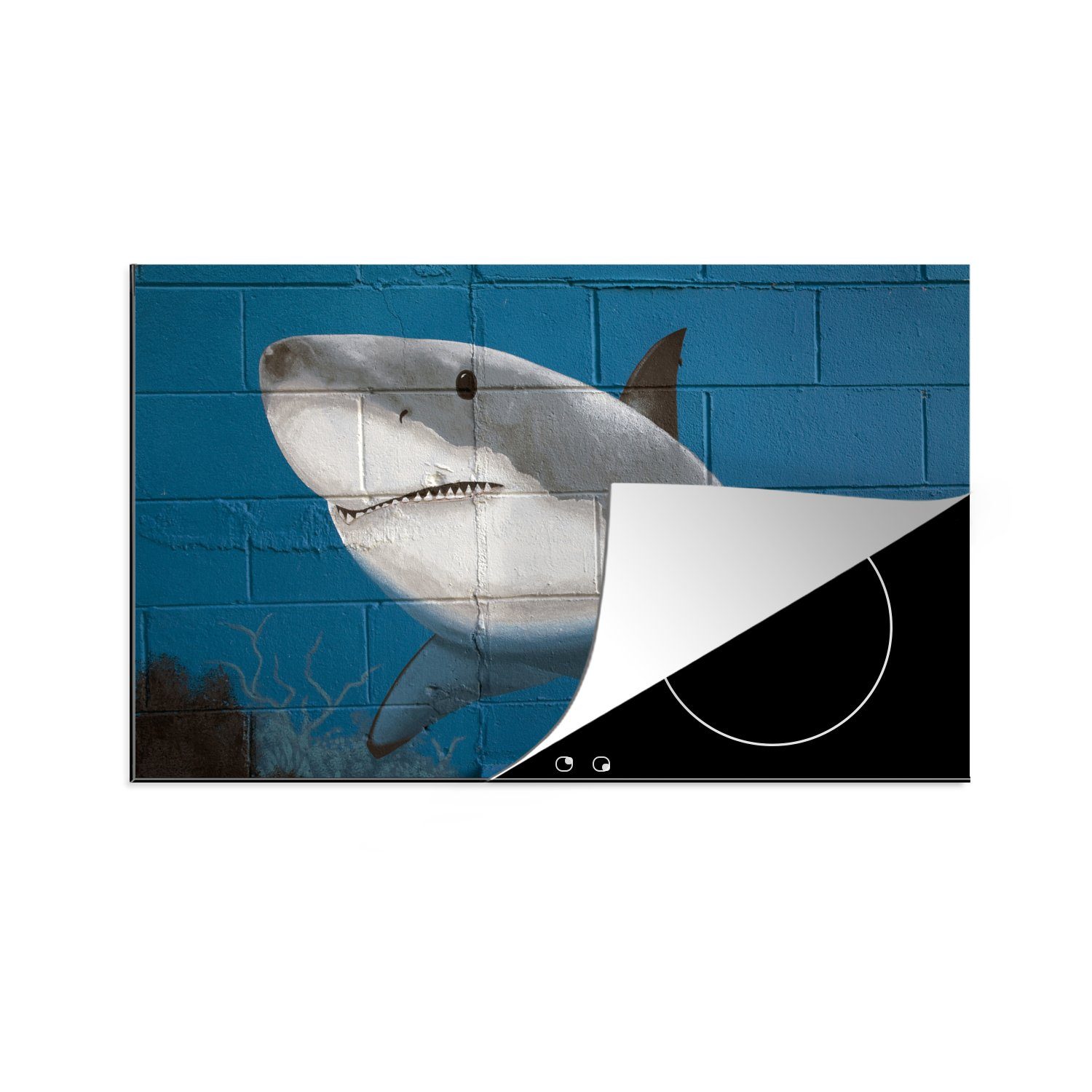 MuchoWow Herdblende-/Abdeckplatte Eine ungewöhnliche Straßenkunst eines Hais, Vinyl, (1 tlg), 81x52 cm, Induktionskochfeld Schutz für die küche, Ceranfeldabdeckung