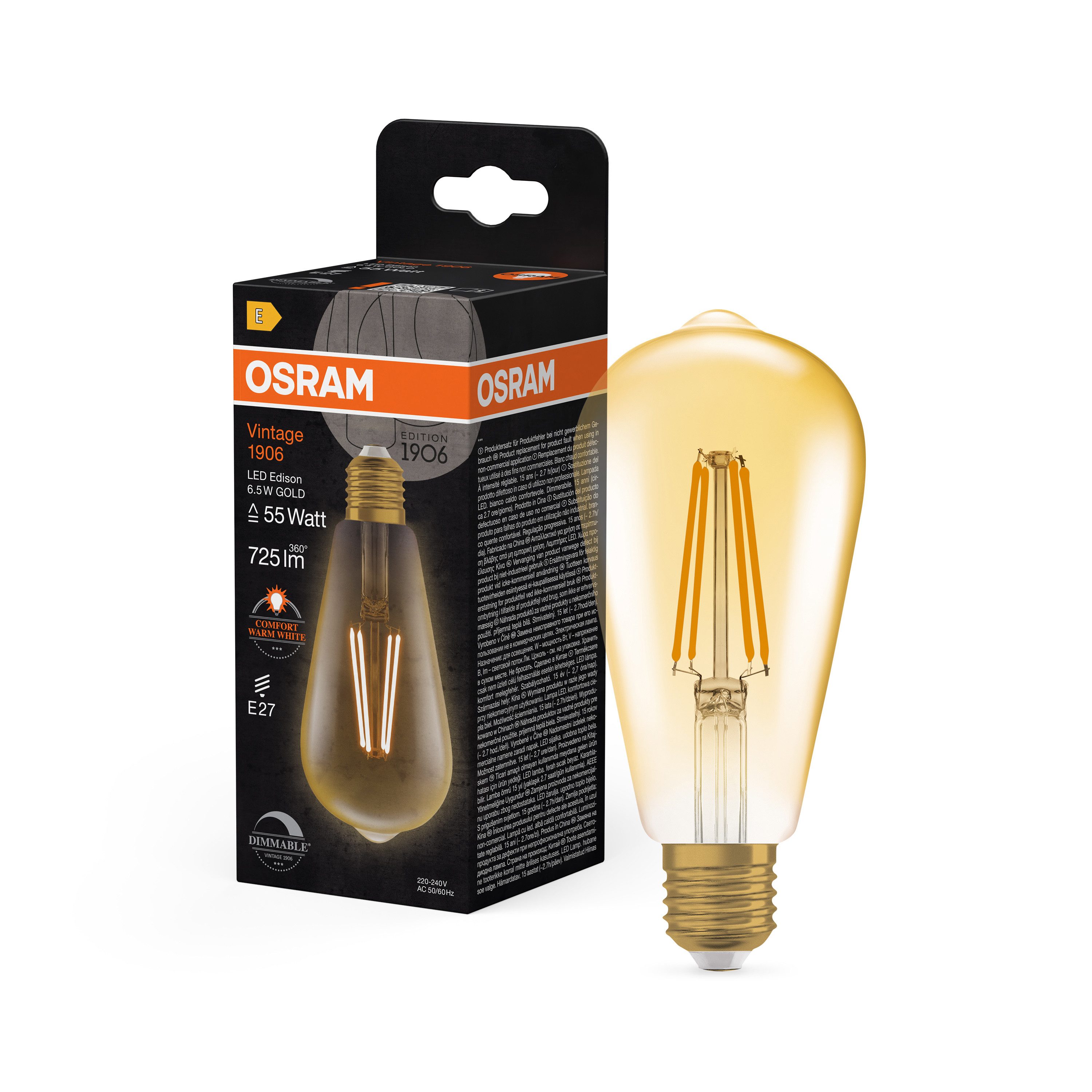 Ledvance LED-Leuchtmittel Vintage 1906 Edison 55 Filament DIM 6.5W 824 Gold E27, E27, 1 St., Komfort warmes Weiß, Geringerer Energieverbrauch als Glüh- oder Halogenlampen