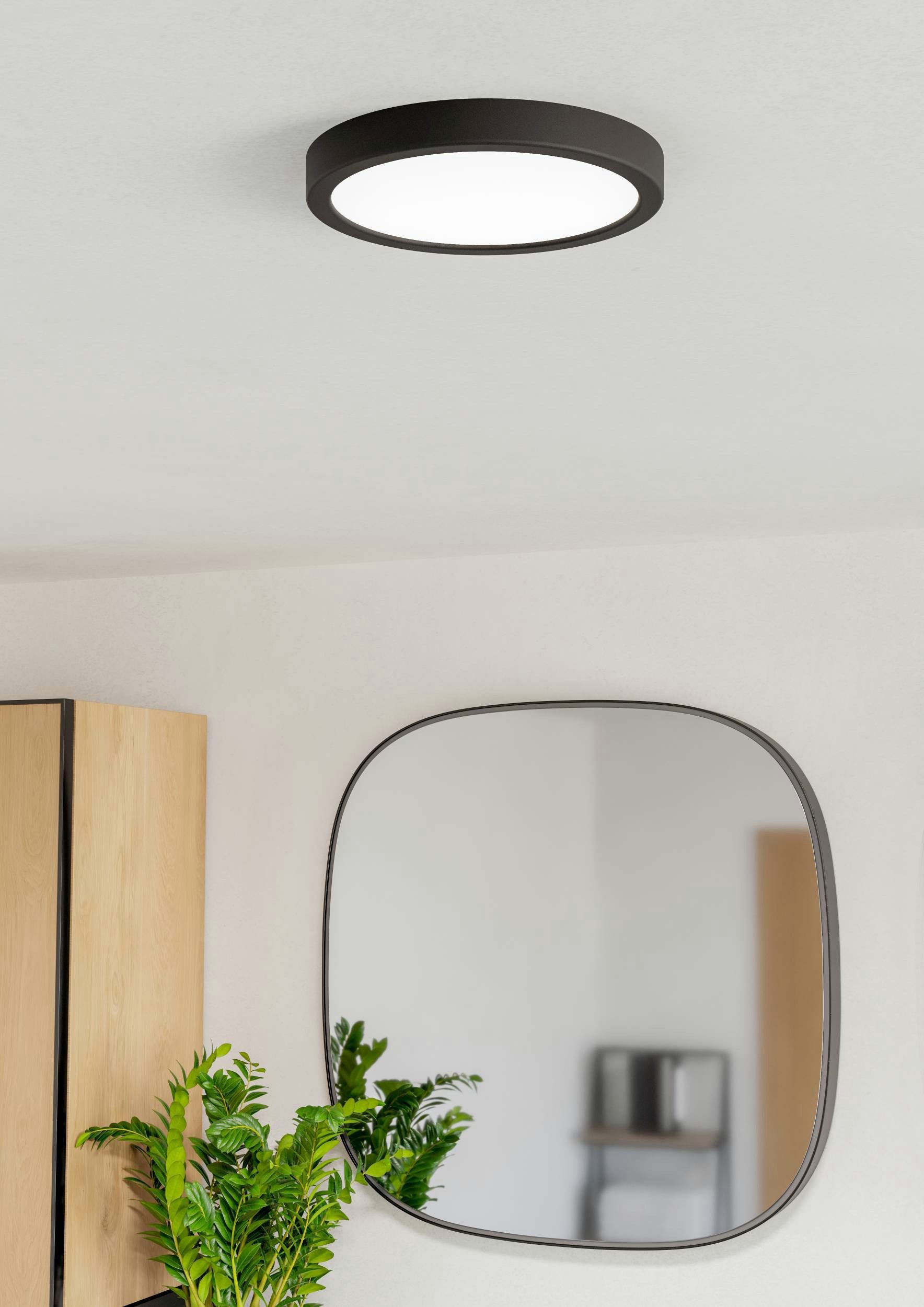 EGLO Aufbauleuchte Fueva 6 Deckenleuchte, Badlampe Decke, Kunststoff, Deckenbeleuchtung, mehrere Helligkeitsstufen, LED fest integriert, Neutralweiß, Kaltweiß, Warmweiß, Aufbauleuchte - H2,5 x Ø21,1 cm - schwarz - 11,5W inkl.