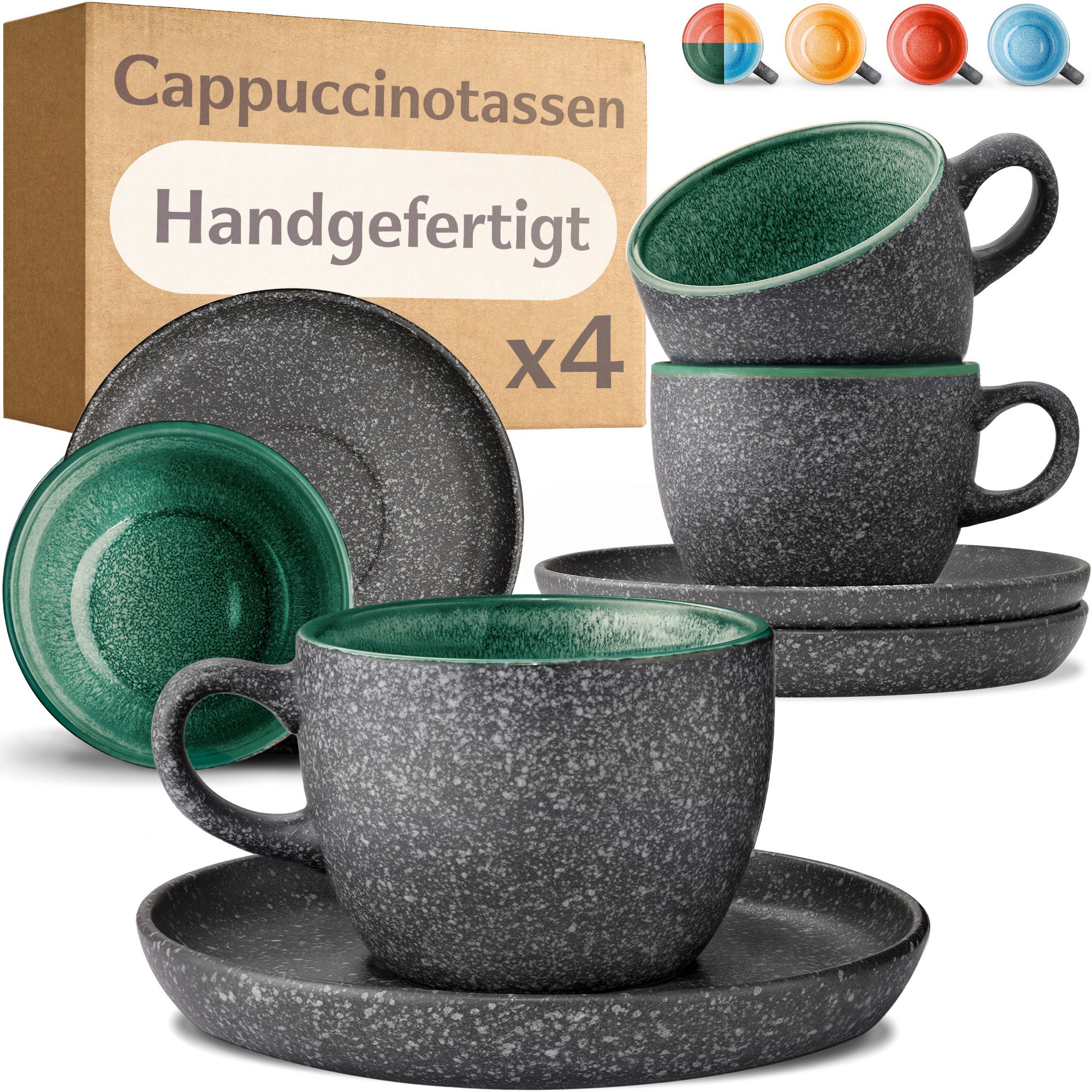 Cosumy Cappuccinotasse Cappuccino Tassen mit Untertassen 4er Set grün, 8-tlg., Keramik, Warm