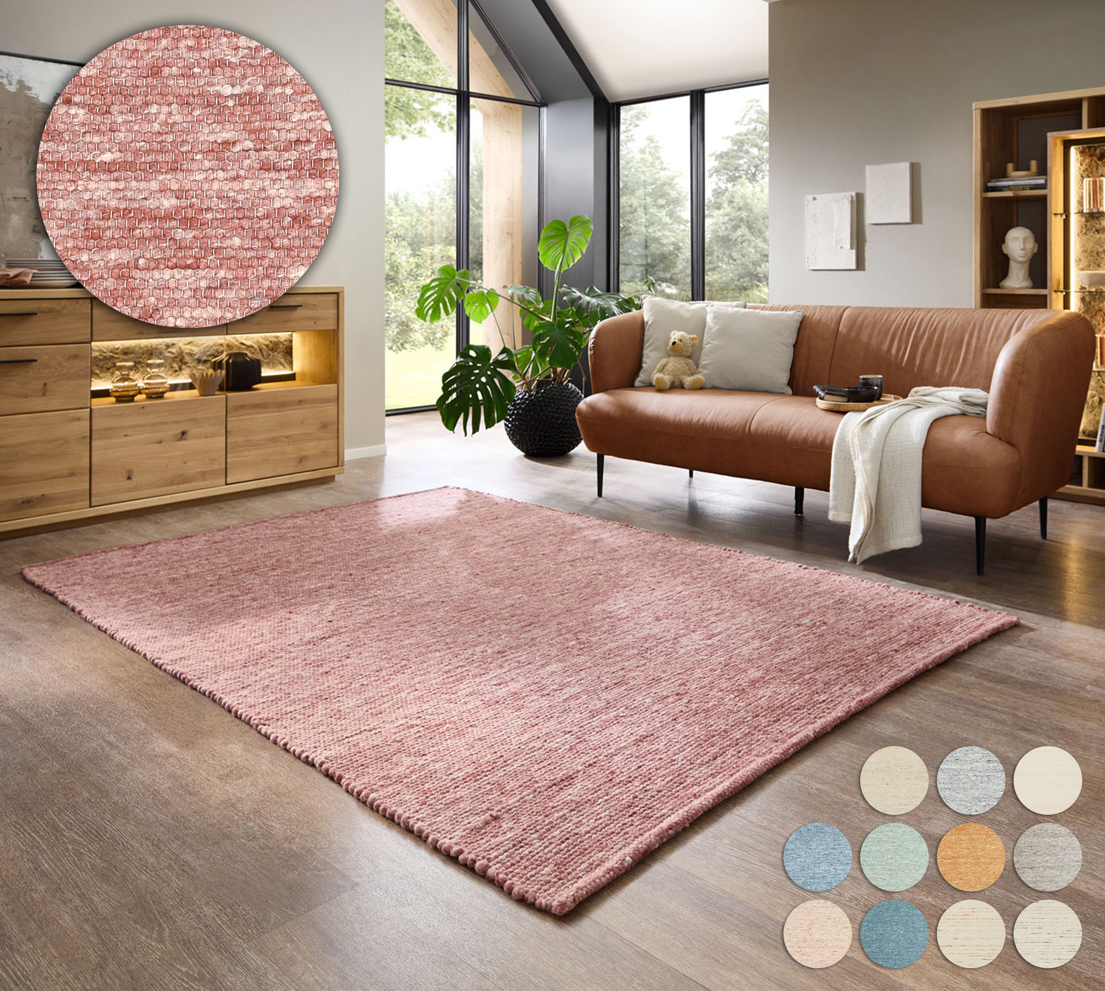 OTTO home Wollteppich Pirker, rechteckig, Höhe: 12 mm, Wendeteppich, meliert, reine Wolle, handgewebt, Scandi, Wohnzimmer