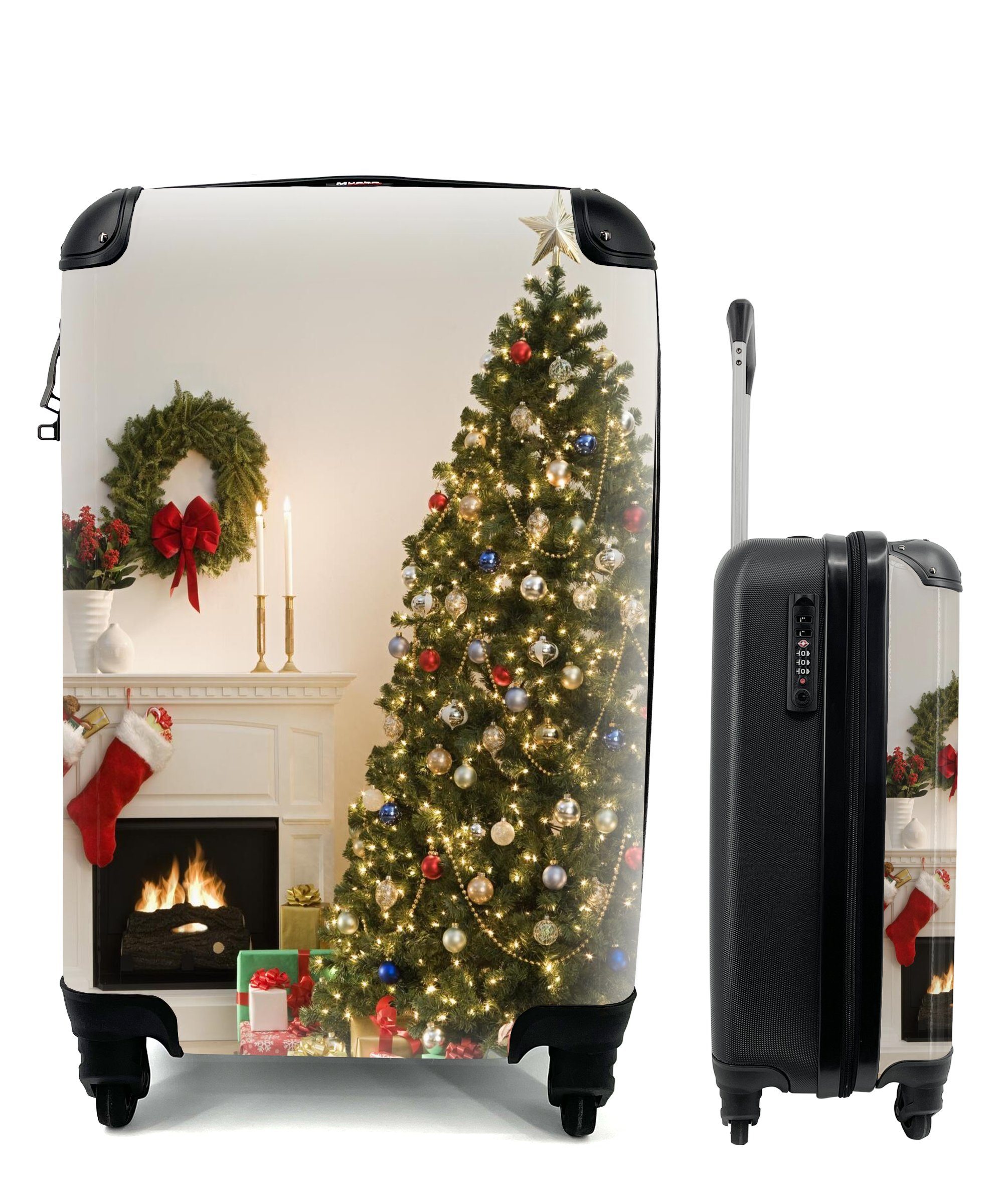 MuchoWow Handgepäckkoffer Ein Weihnachtsbaum rollen, 4 Ferien, Trolley, Reisekoffer für einem Handgepäck mit Rollen, neben Reisetasche Kamin, mit Geschenken