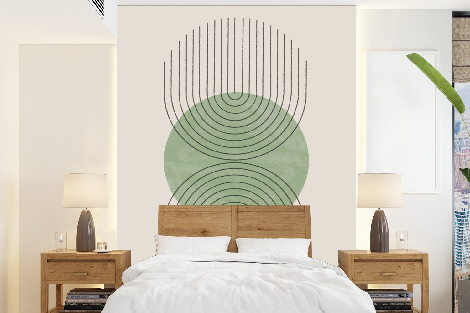MuchoWow Fototapete Kreis - Linien - Abstrakt - Grün, Matt, bedruckt, (4 St), Montagefertig Vinyl Tapete für Wohnzimmer, Wandtapete