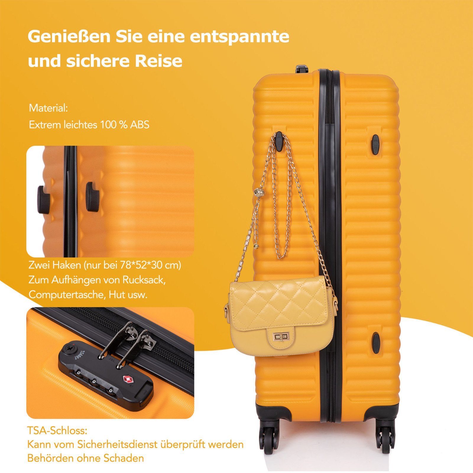 Reisekoffer, Trolley 3-teiliges Koffer-Set Set Koffer Hartschalen 4 SEEZSSA ABS-Material Zollschloss Rollkoffer Kofferset Orange TSA Handgepäck M-L-XL, Rollen