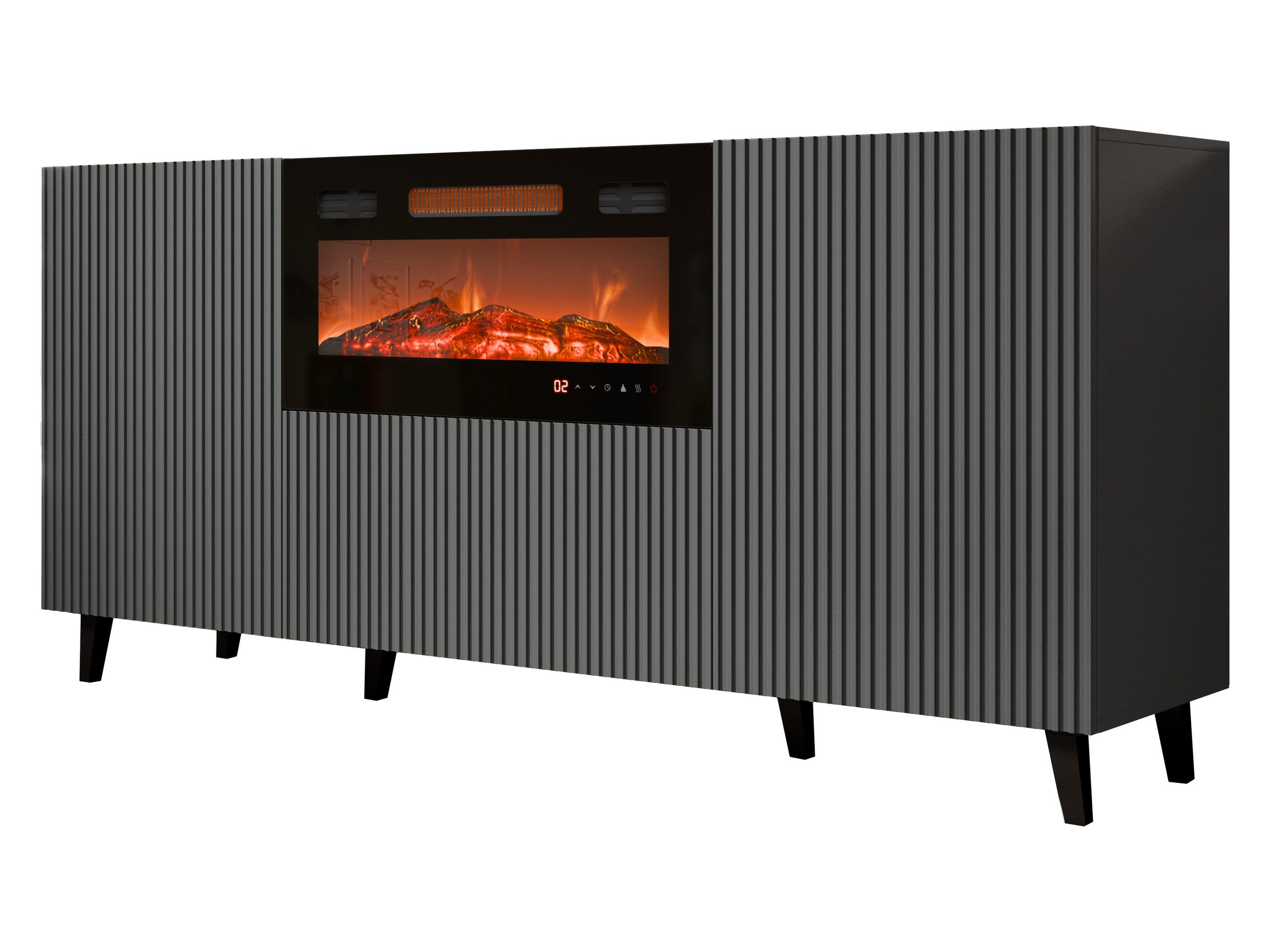 MIRJAN24 Kommode Vamos Grey 180 mit Kamin (mit 2 Türen und Klappe), Fronten gefräst, Realistische LED-Flamme