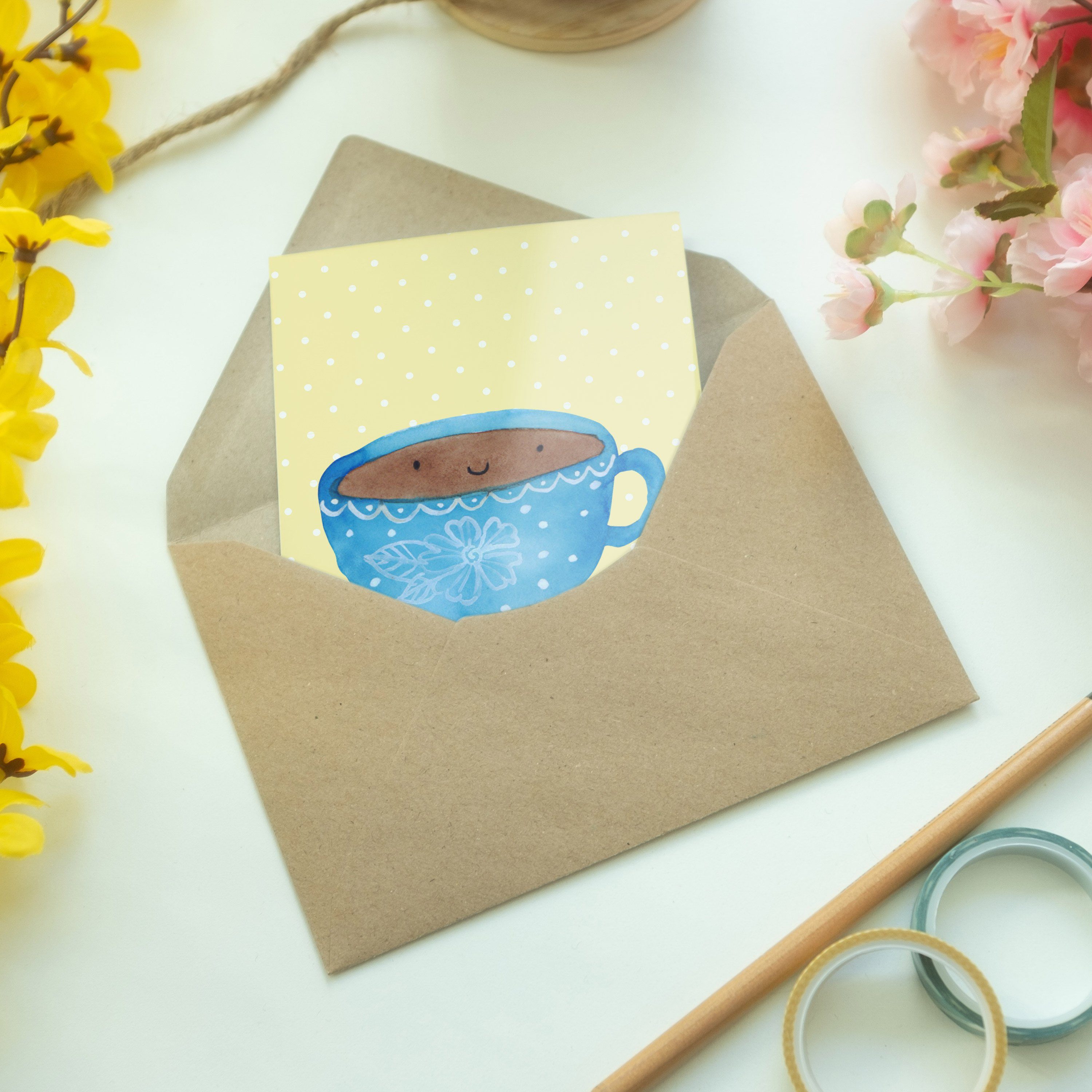 Geschenk, Kaffee - Pastell - Gelb Geburtstagskarte Klappkarte, Grußkarte Mr. Tasse & Mrs. Panda
