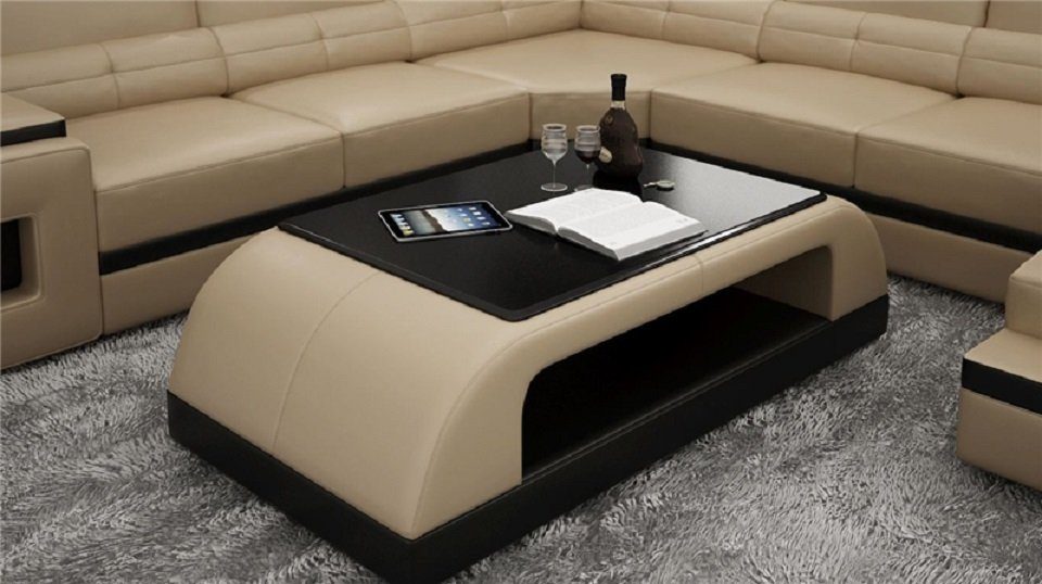 Beistell Tische Sofa Tisch JVmoebel Schwarz/Beige Glas Kaffee Leder Couchtisch Couch Sofatisch Design