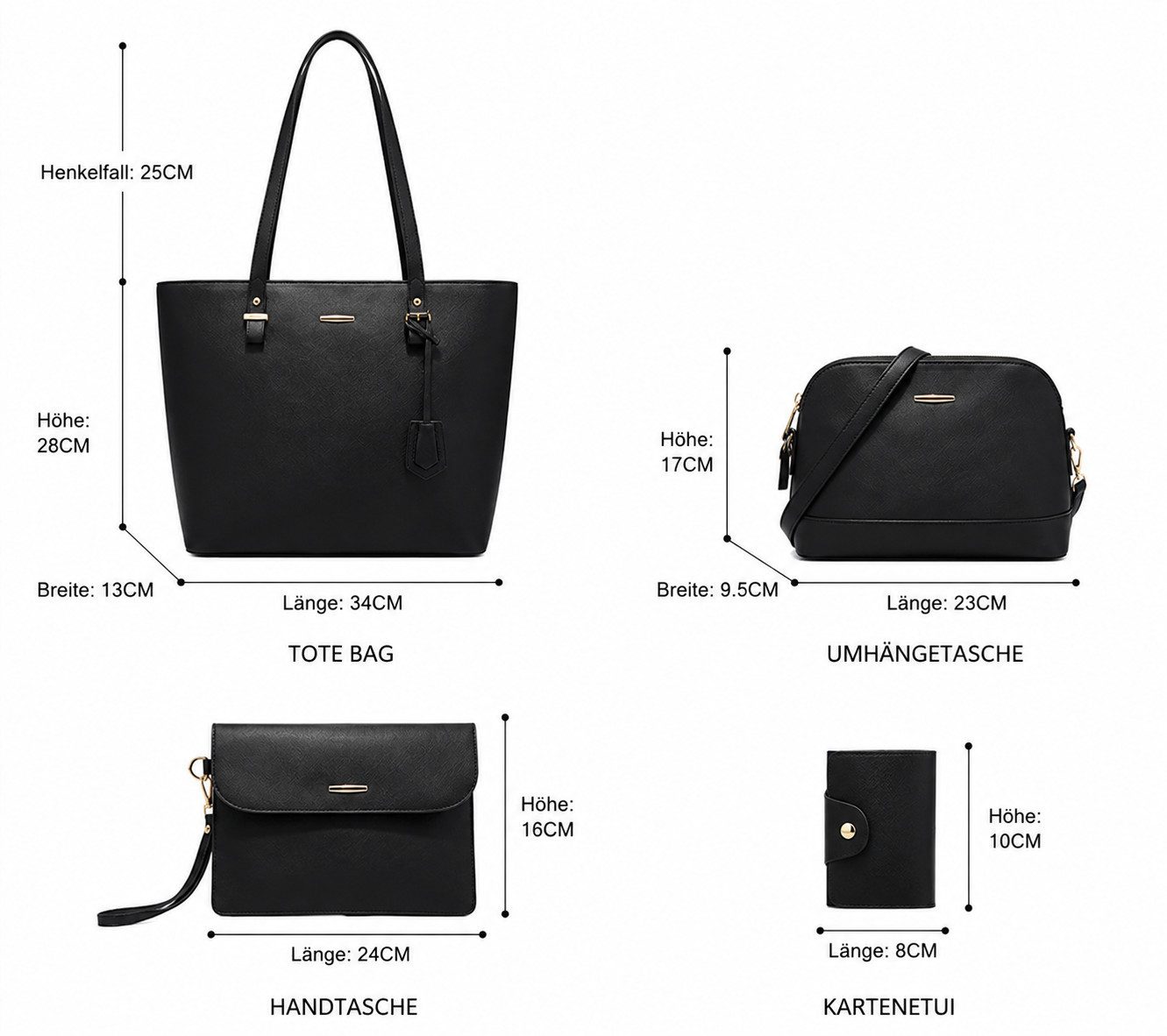 Fyrove Henkeltasche Damen Tasche Set 4-teilig Shopper Handtasche Schultertasche Schwarz (Vielseitiges Taschen Set mit Shopper, Crossbody Tasche, Clutch und Kart – Bild 4 von 5