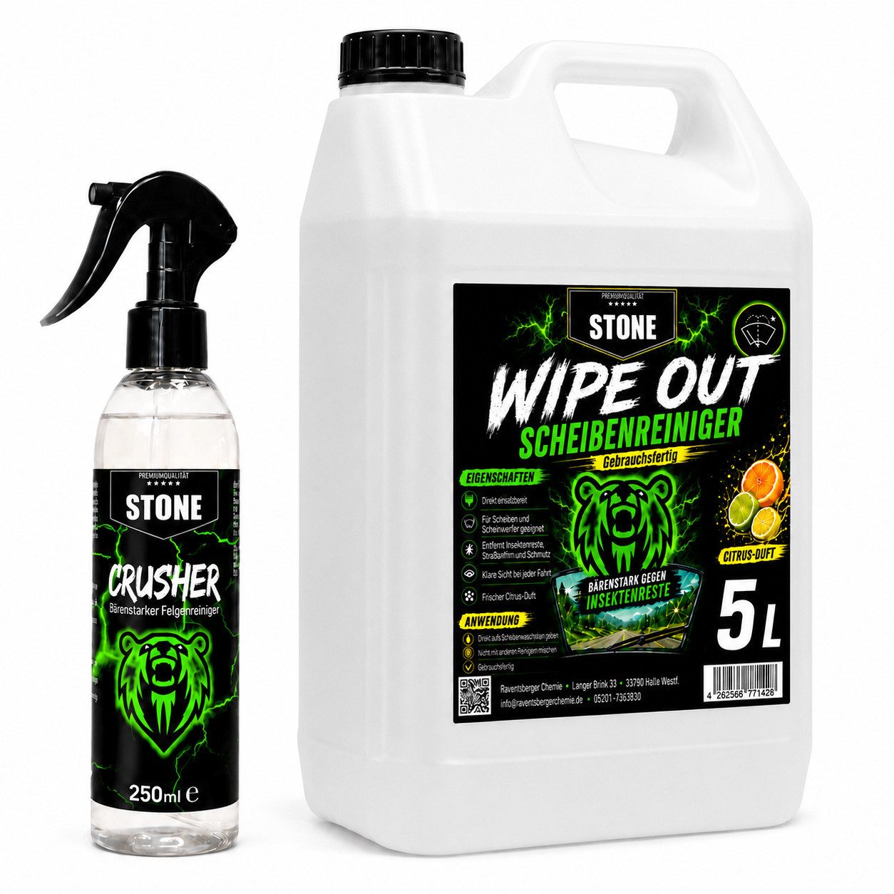 STONE Reinigungs-Set Auto Pflegeset Felgenreiniger Crusher Scheibenreiniger Wipe Out, (Autopflege-Set, 2-St., STONE Crusher 250ml & STONE Wipe Out 5L), Autopflege-Set – gebrauchsfertig mit Zitrusduft