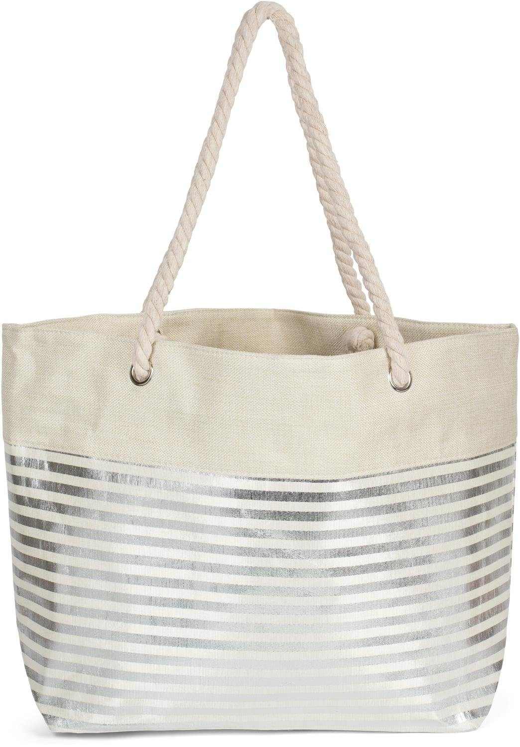 styleBREAKER Strandtasche (1-tlg), Strandtasche mit metallic Streifen Beige-Silber