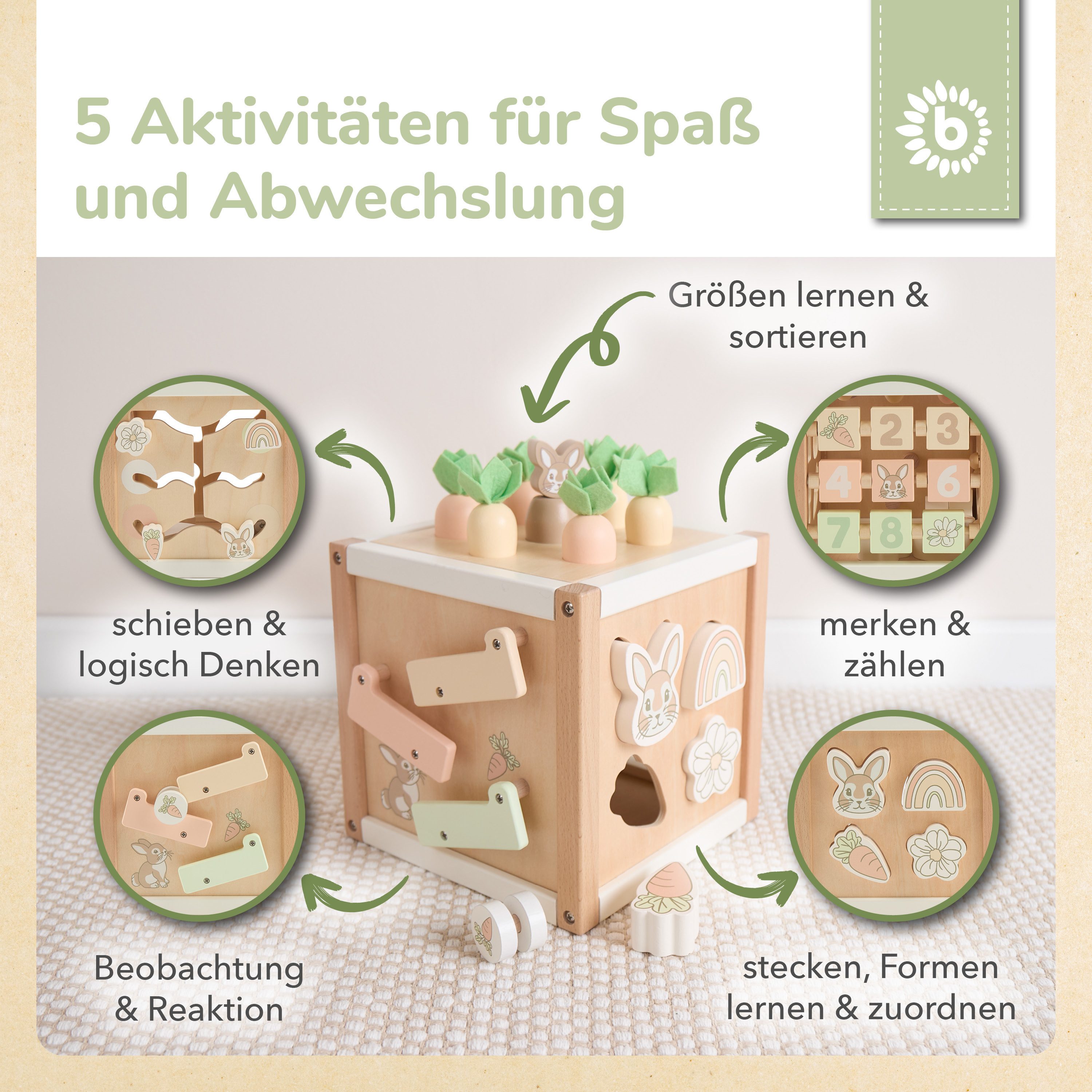BIECO Motorikschleife Bieco Motorikwürfel aus Holz FSC® – Montessori