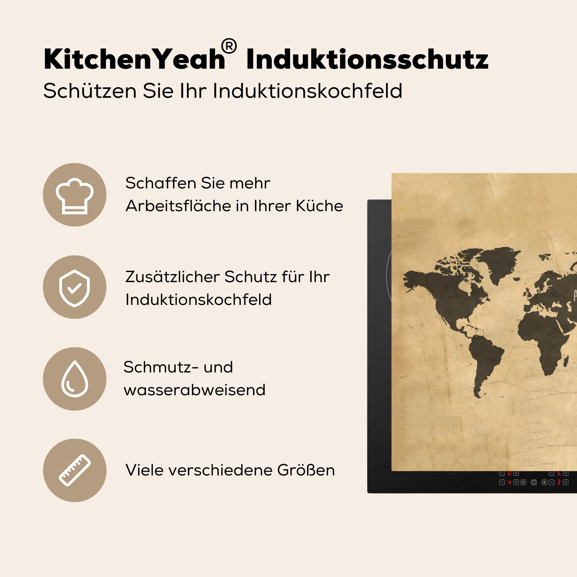 - Weltkarte für Arbeitsplatte Herdblende-/Abdeckplatte MuchoWow - (1 Vinyl, küche Ceranfeldabdeckung, cm, 78x78 Braun tlg), Vintage,