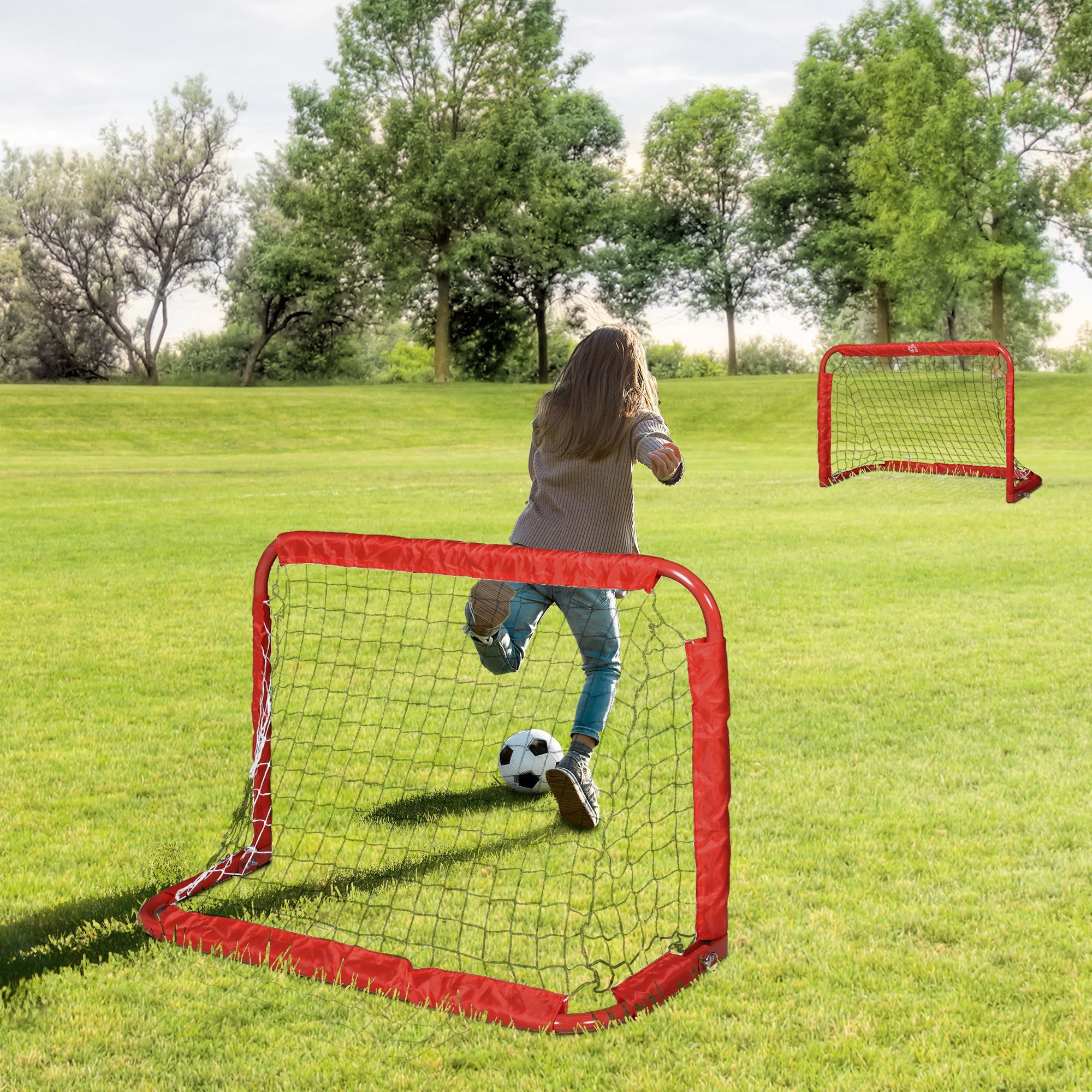HOMCOM Fußballtor Klappbar Fussballtore mit Metallrahmen für Kinder und Erwachsene (Fußballnetz, 2 St., inkl. Heringe und Werkzeug), Garten, 90 x 36 x 60 cm, Rot